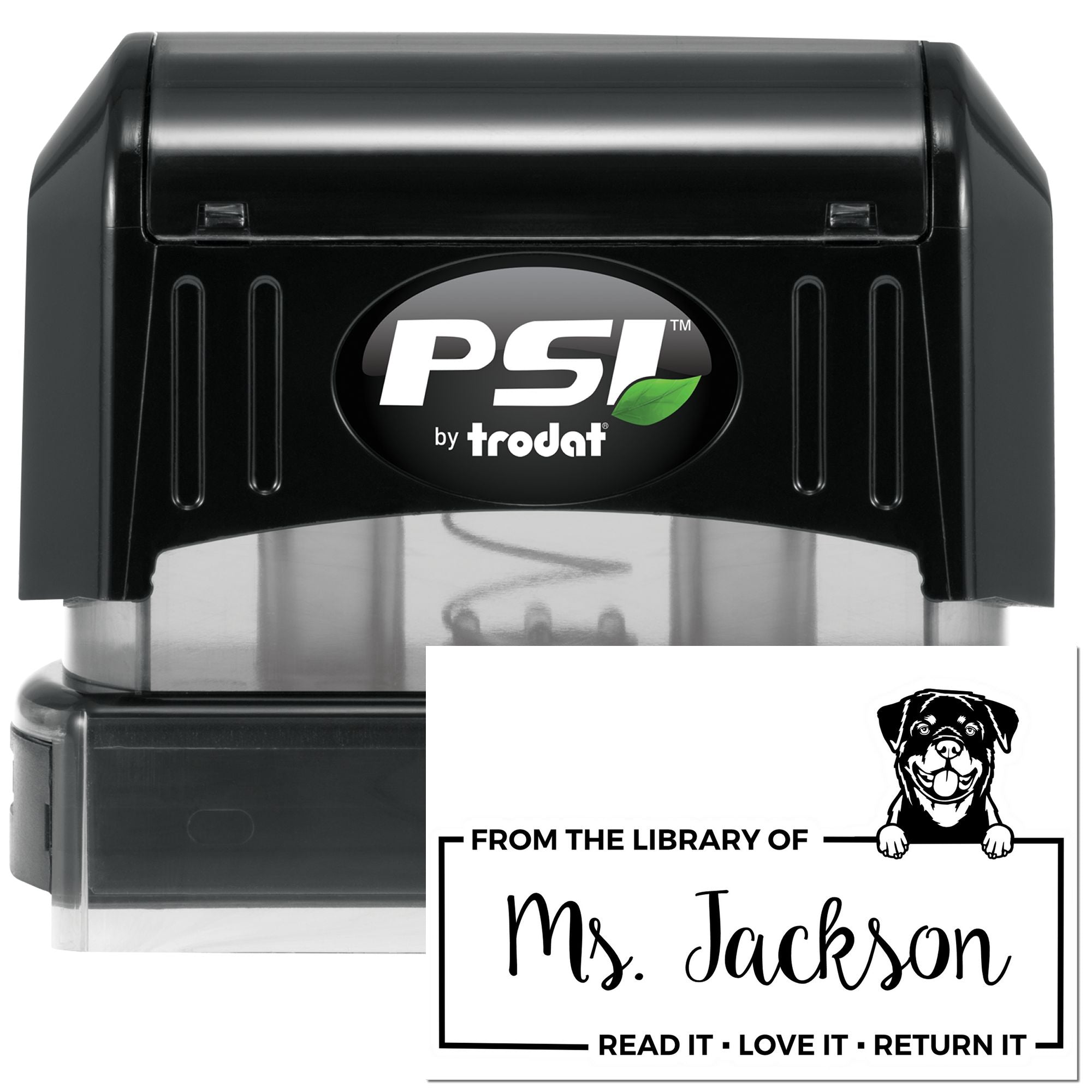 Self-inking rubber stamp with custom From the Library of Ms. Jackson book return design and dog icon.