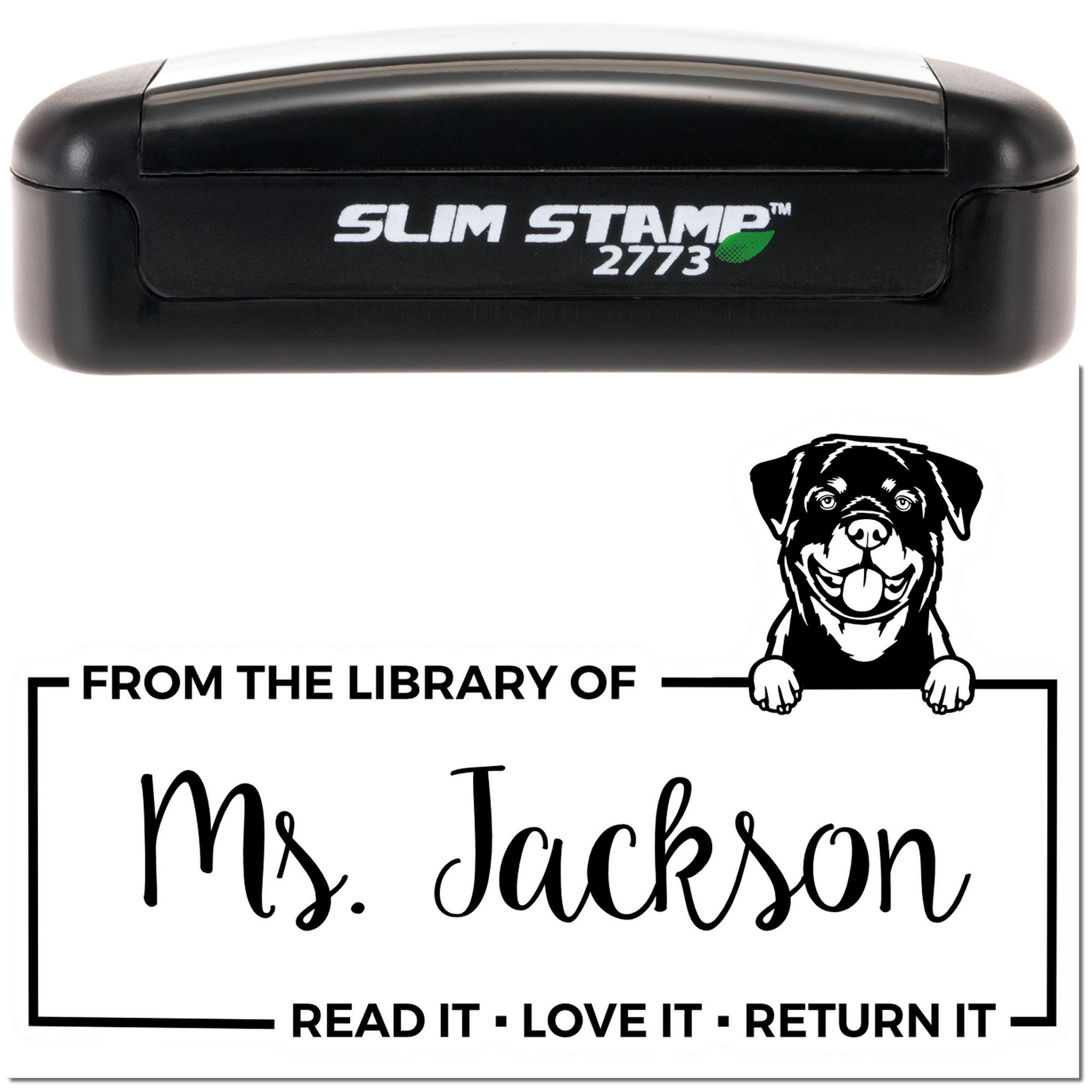 Slim Stamp 2773 self-inking custom library rubber stamp with dog design and Ms. Jackson book return message.