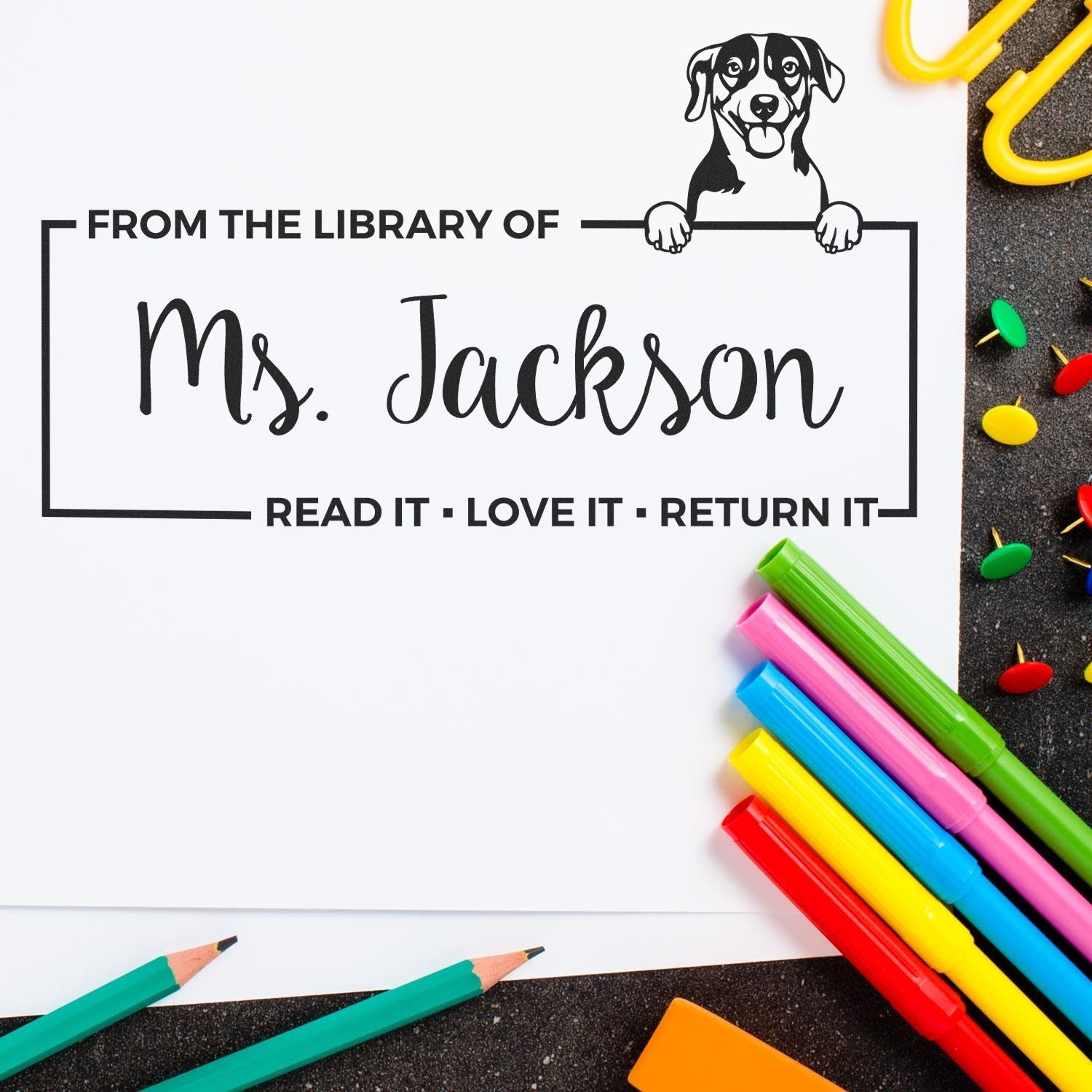 Custom library rubber stamp for Ms. Jackson with dog design, From the library of and Read it, love it, return it.