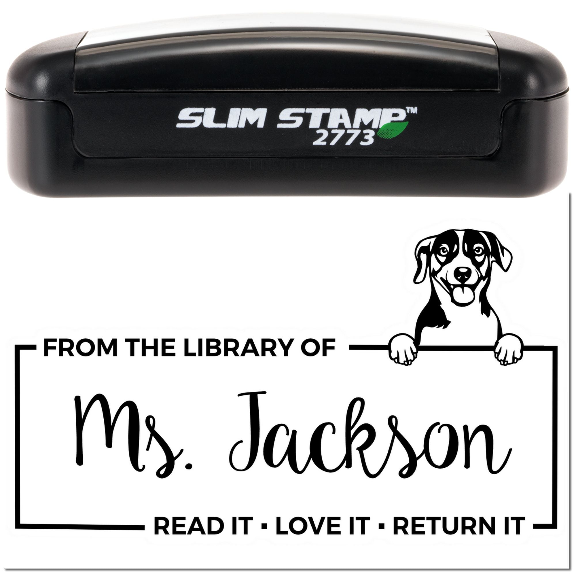 Personalized Slim Stamp library return rubber stamp with dog design and From the Library of Ms. Jackson text.