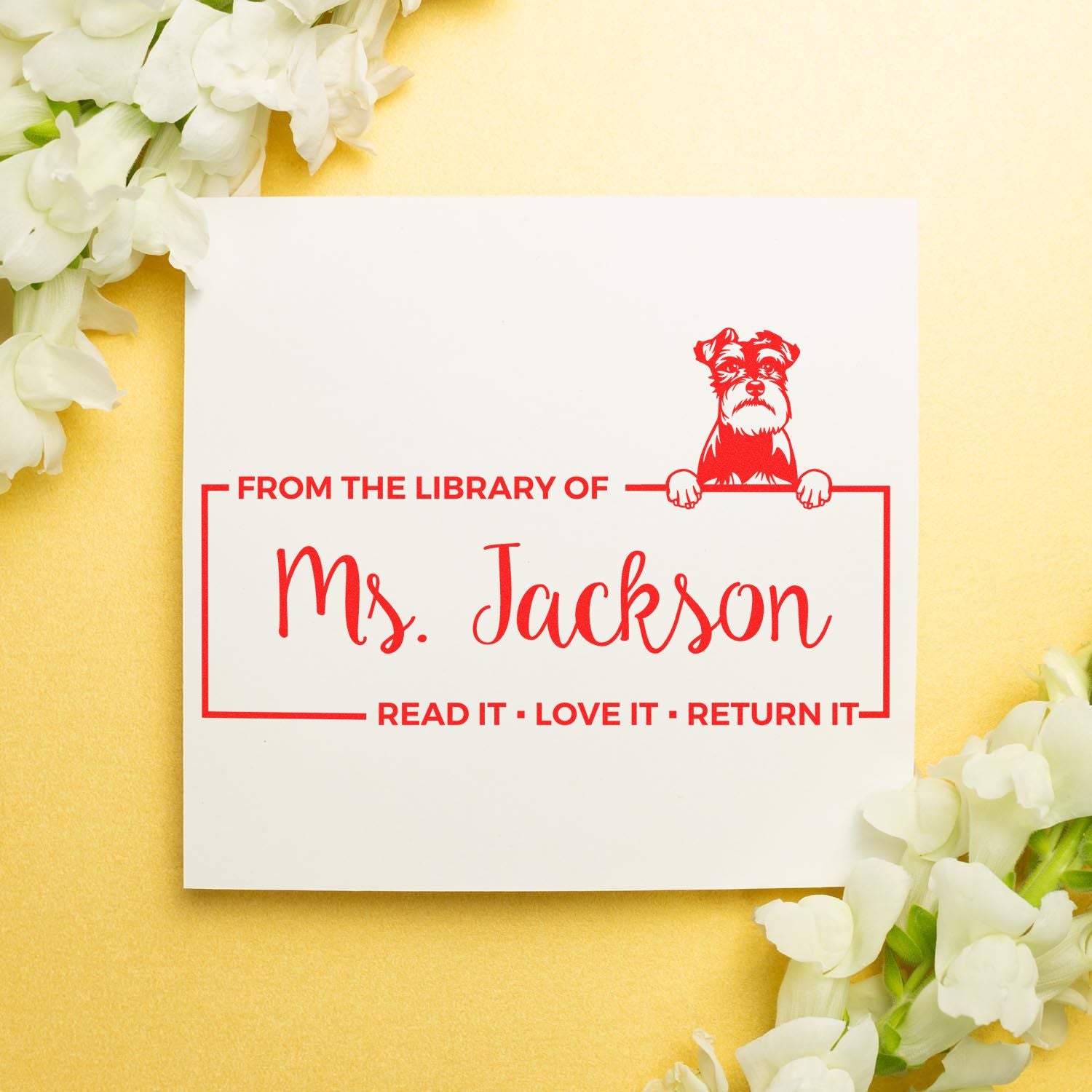 Personalized library rubber stamp for Mrs. Jackson with dog design and Read it, Love it, Return it message