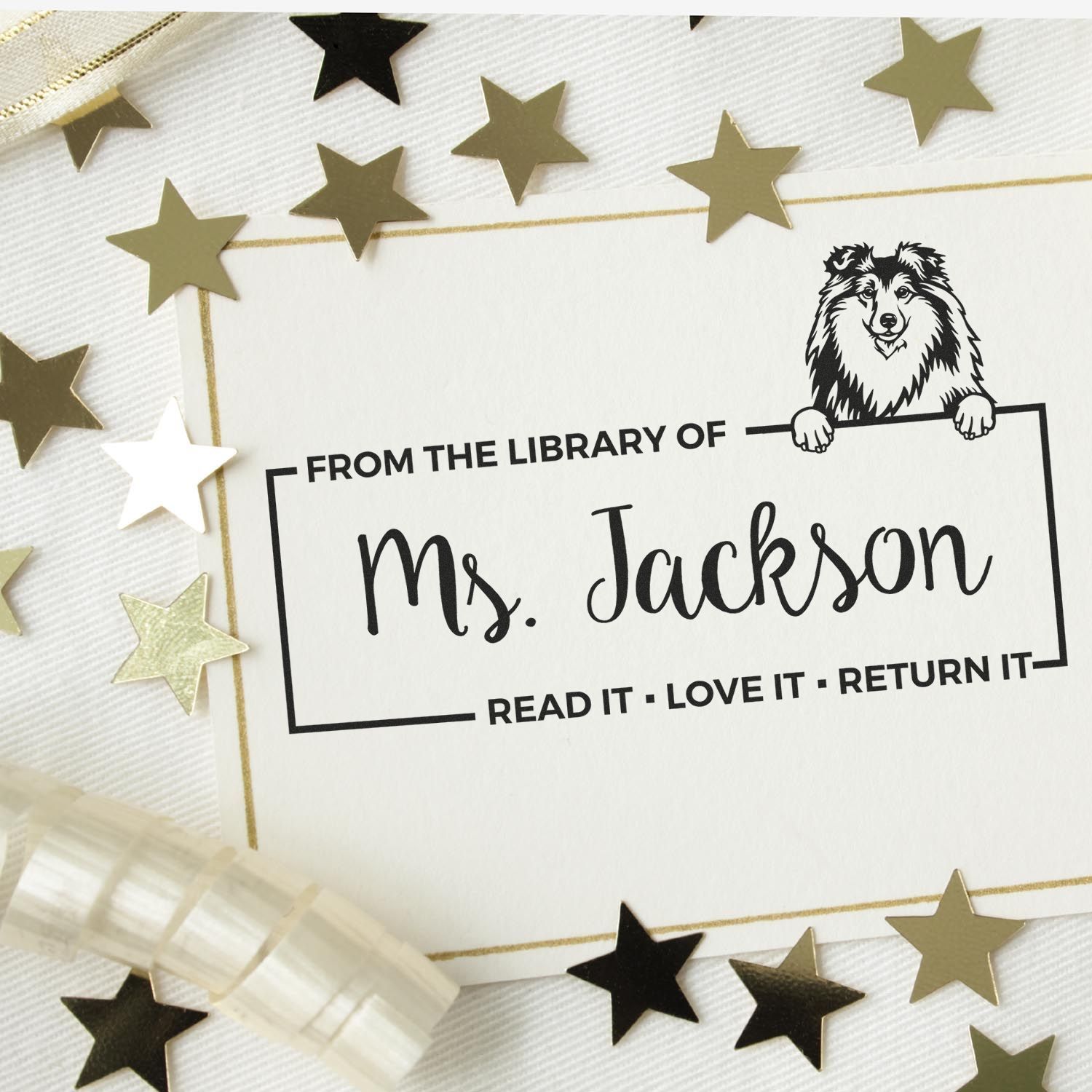 Custom library book rubber stamp for Ms. Jackson with dog illustration and Read It, Love It, Return It text.