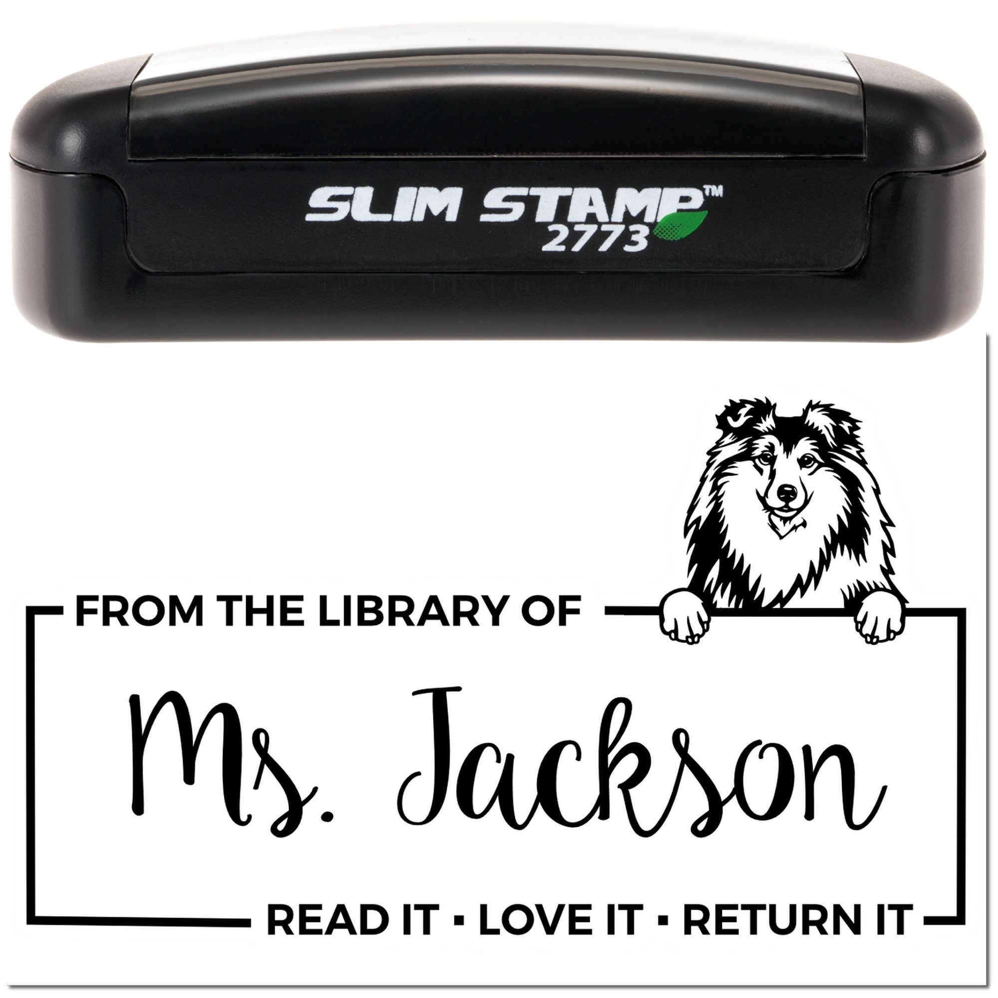 Slim Stamp 2773 custom library rubber stamp with From the Library of Ms. Jackson and dog design, read it love it return it