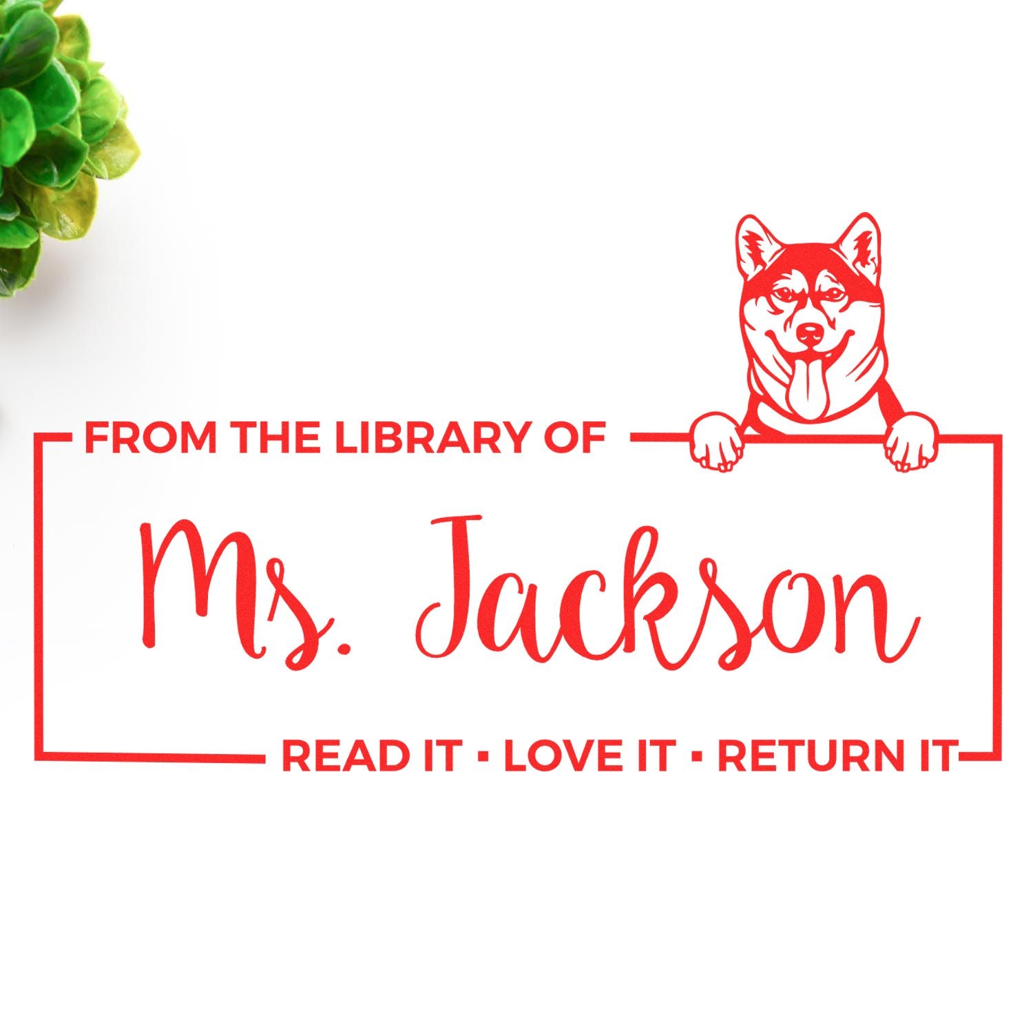 Custom library book rubber stamp with dog design and From the Library of Ms. Jackson return message