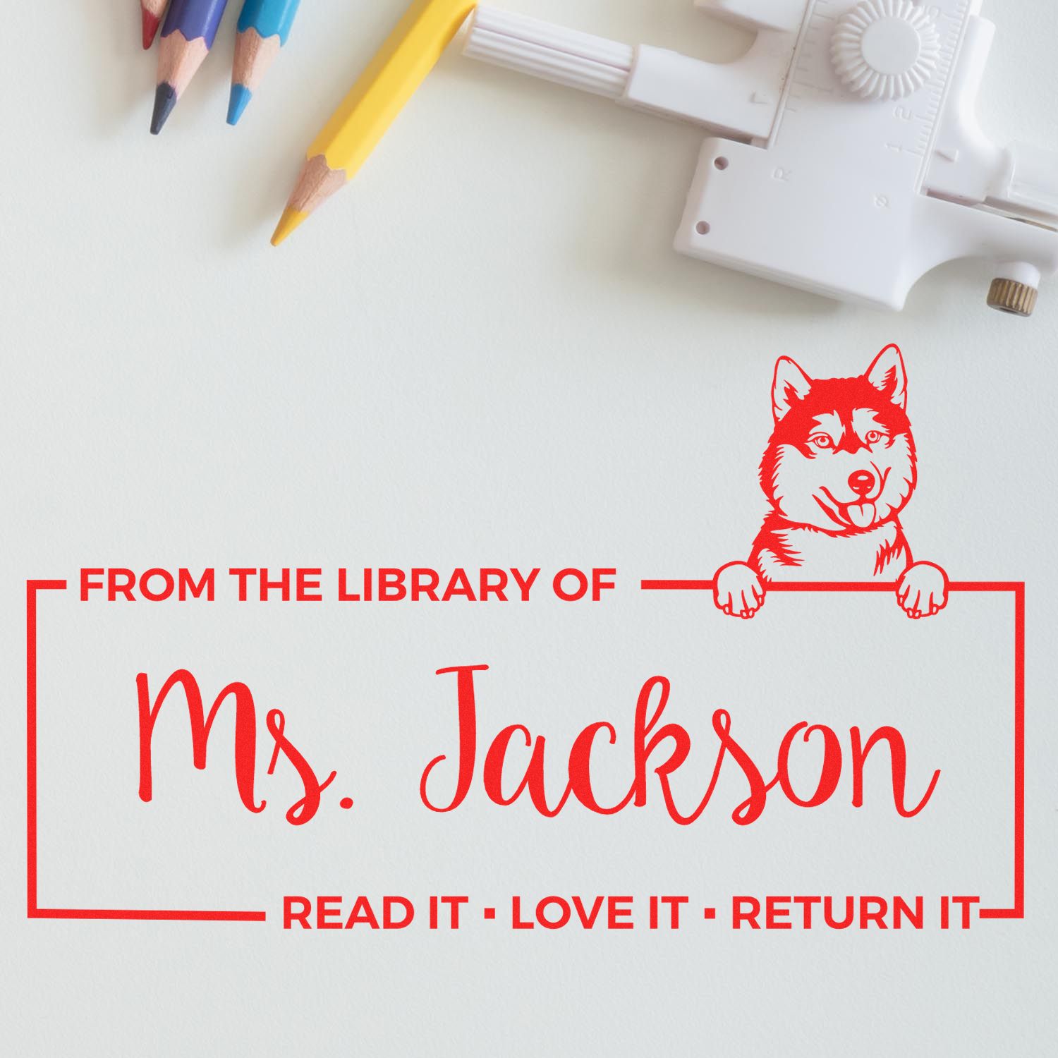 Personalized library rubber stamp with husky design and custom name, From the Library of Ms. Jackson, Read It, Love It, Return It.