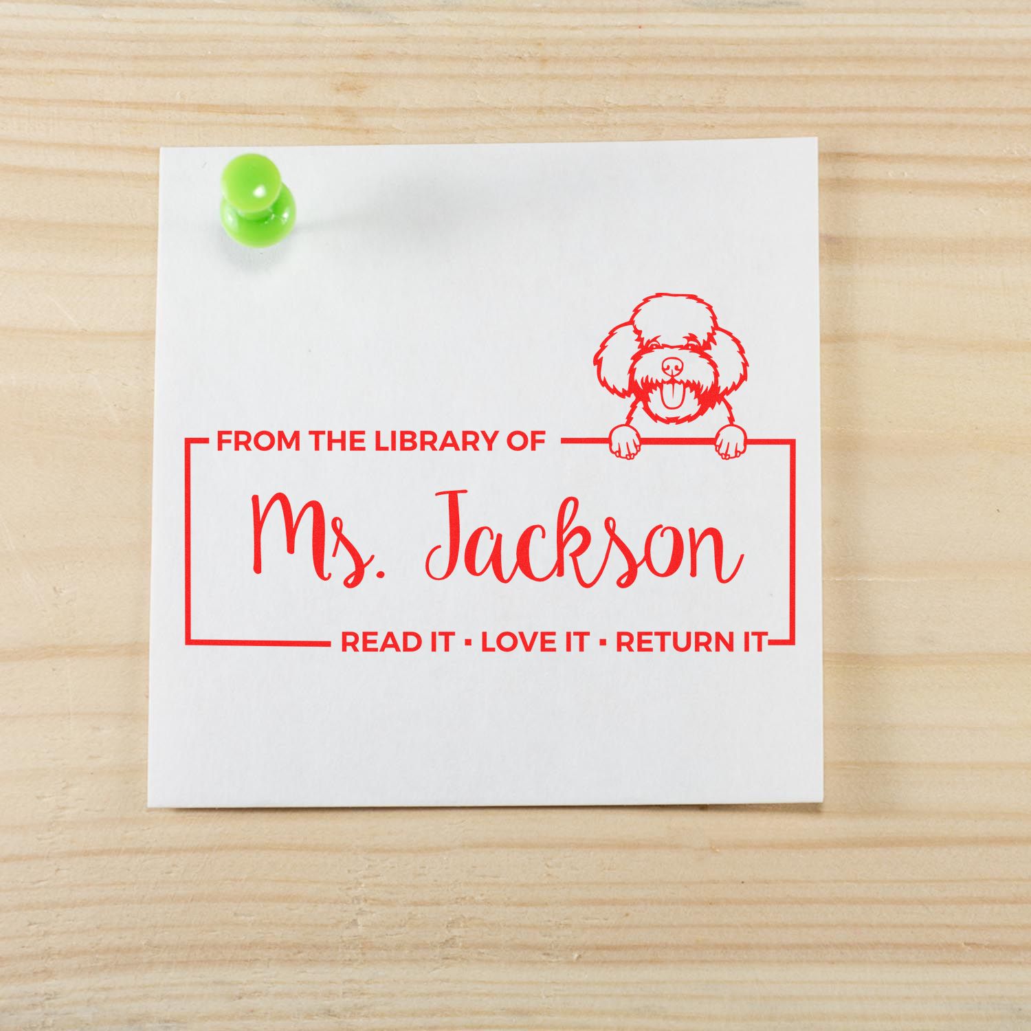 Custom rubber library stamp for Ms. Jackson with dog design and Read It  Love It  Return It book return message.