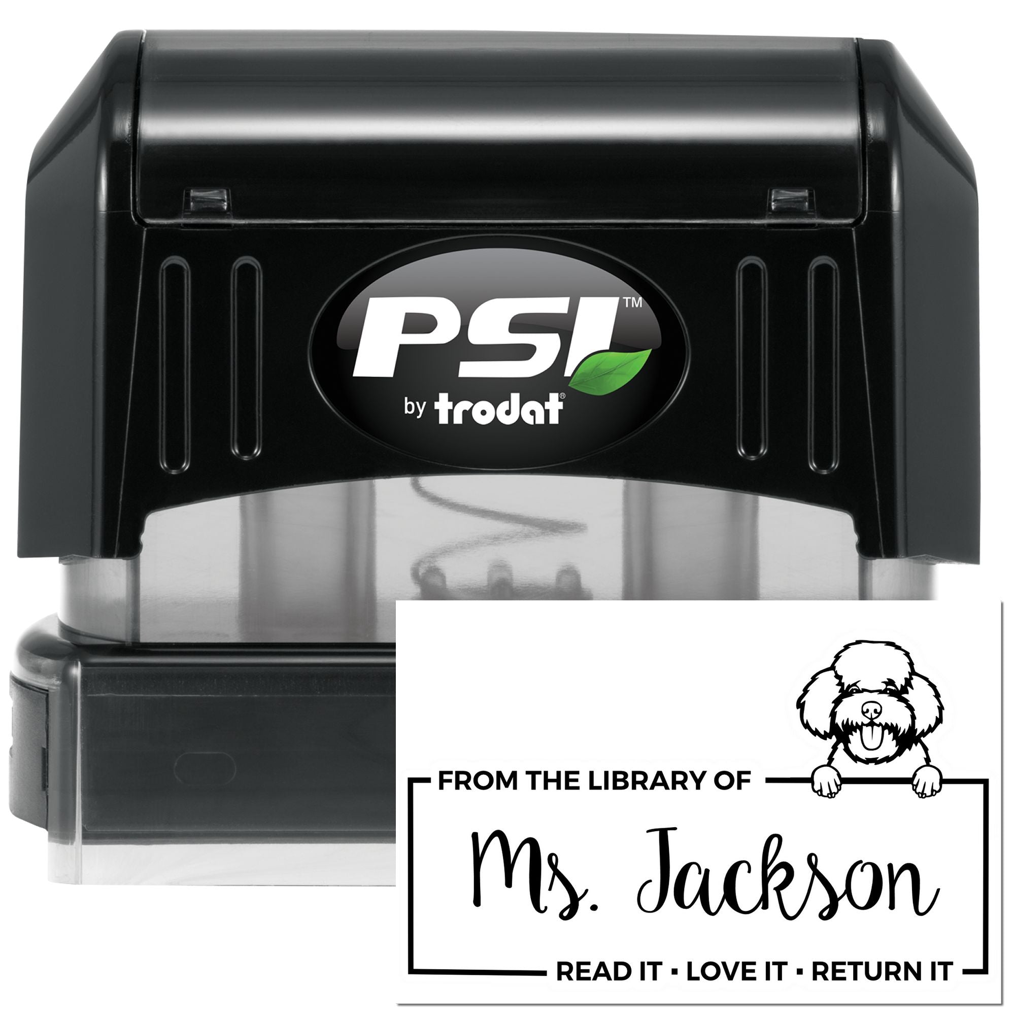 PSI by Trodat self-inking rubber stamp with custom From the Library of Ms. Jackson book ownership imprint