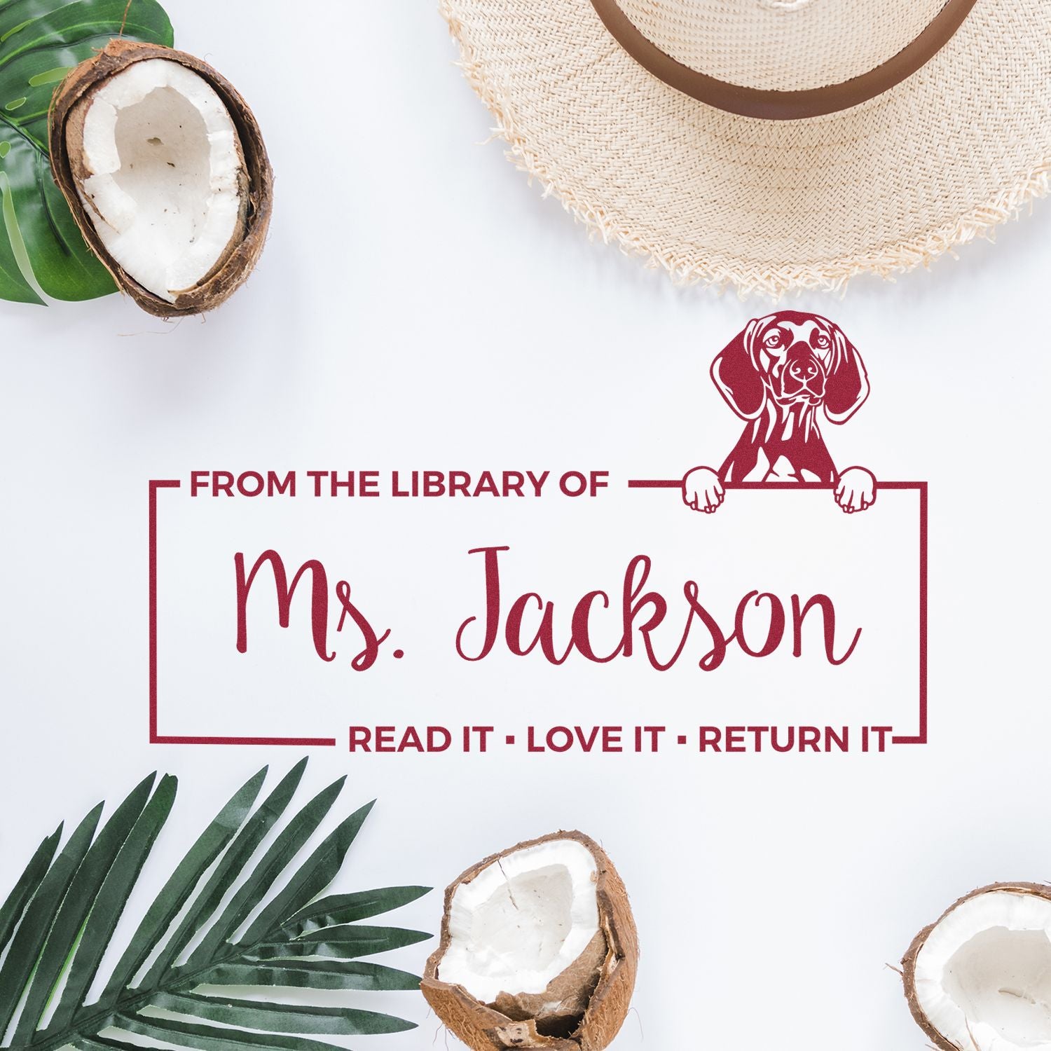 Custom library rubber stamp with dog illustration and From the Library of Ms. Jackson bookplate text.