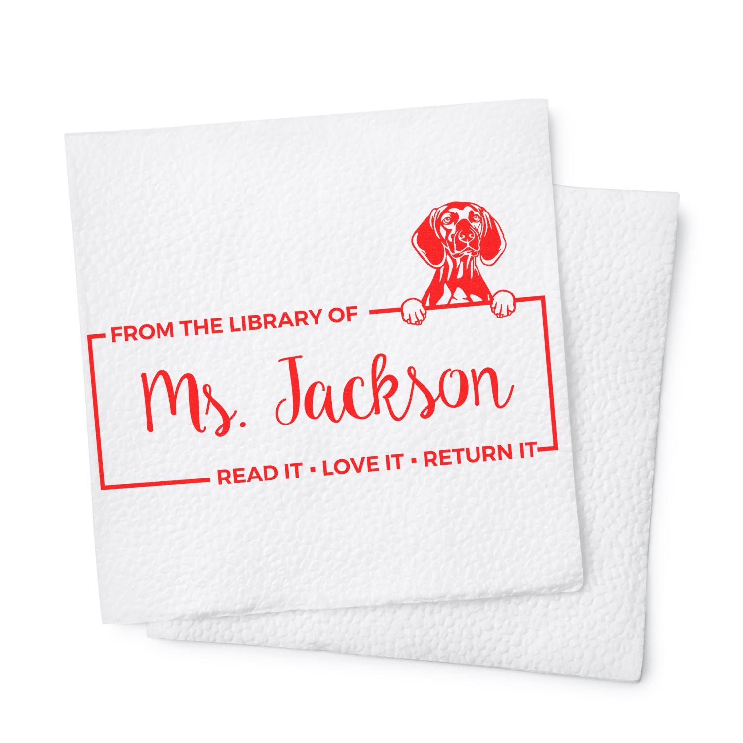 Custom From the Library of Ms. Jackson dog book return rubber stamp with Read It, Love It, Return It text.