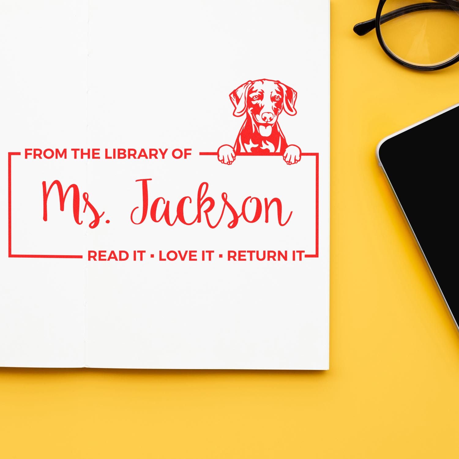 Personalized library rubber stamp for books, From the library of Ms. Jackson with dog icon and Read it, love it, return it.