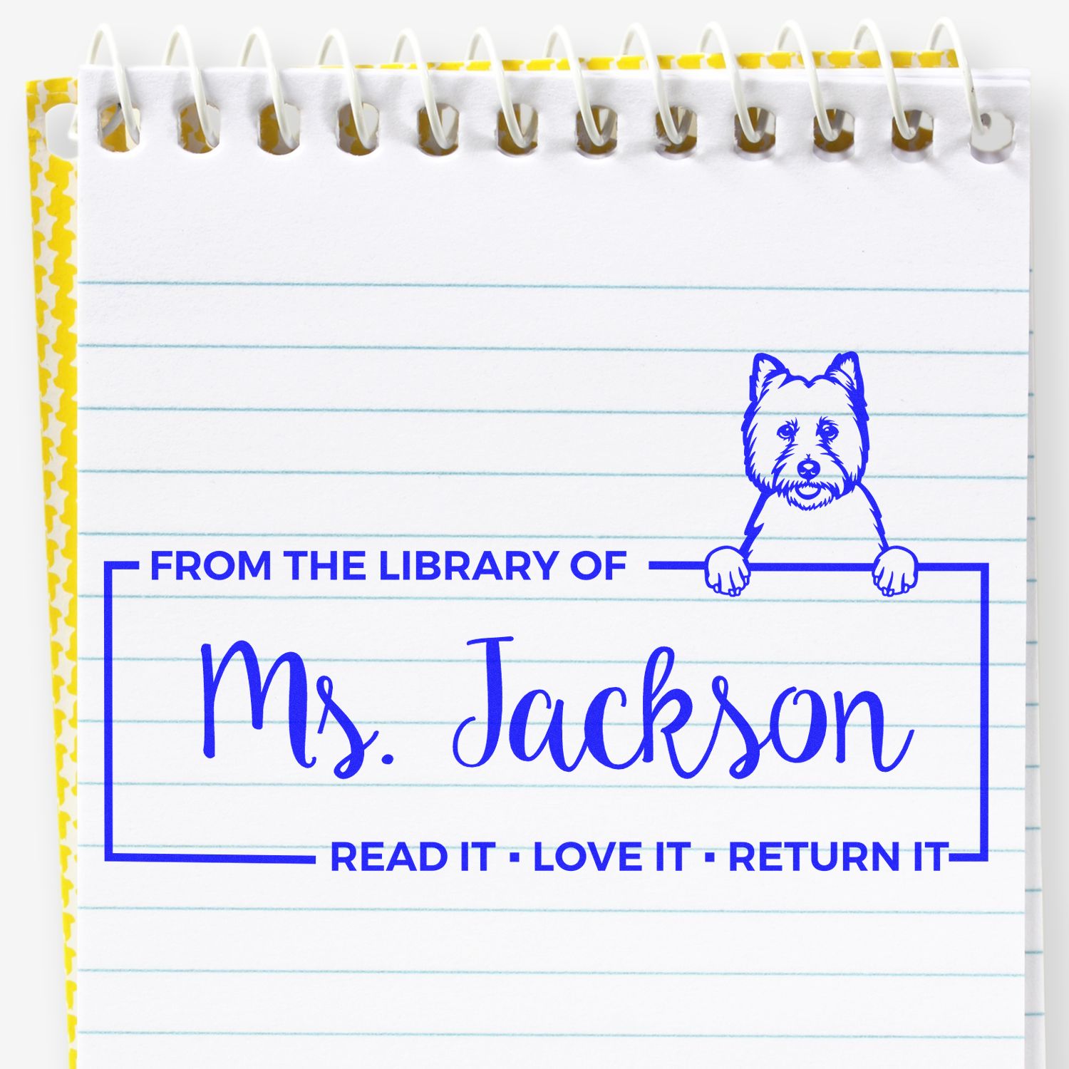 Personalized rubber stamp for books reading From the Library of Ms. Jackson with dog illustration for bookplate use.