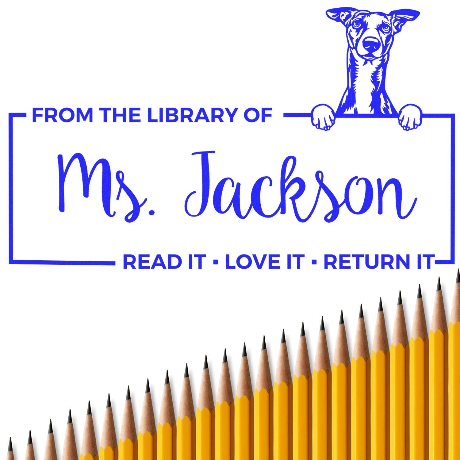 Custom rubber library stamp for Ms. Jackson with dog graphic and Read it, Love it, Return it message.
