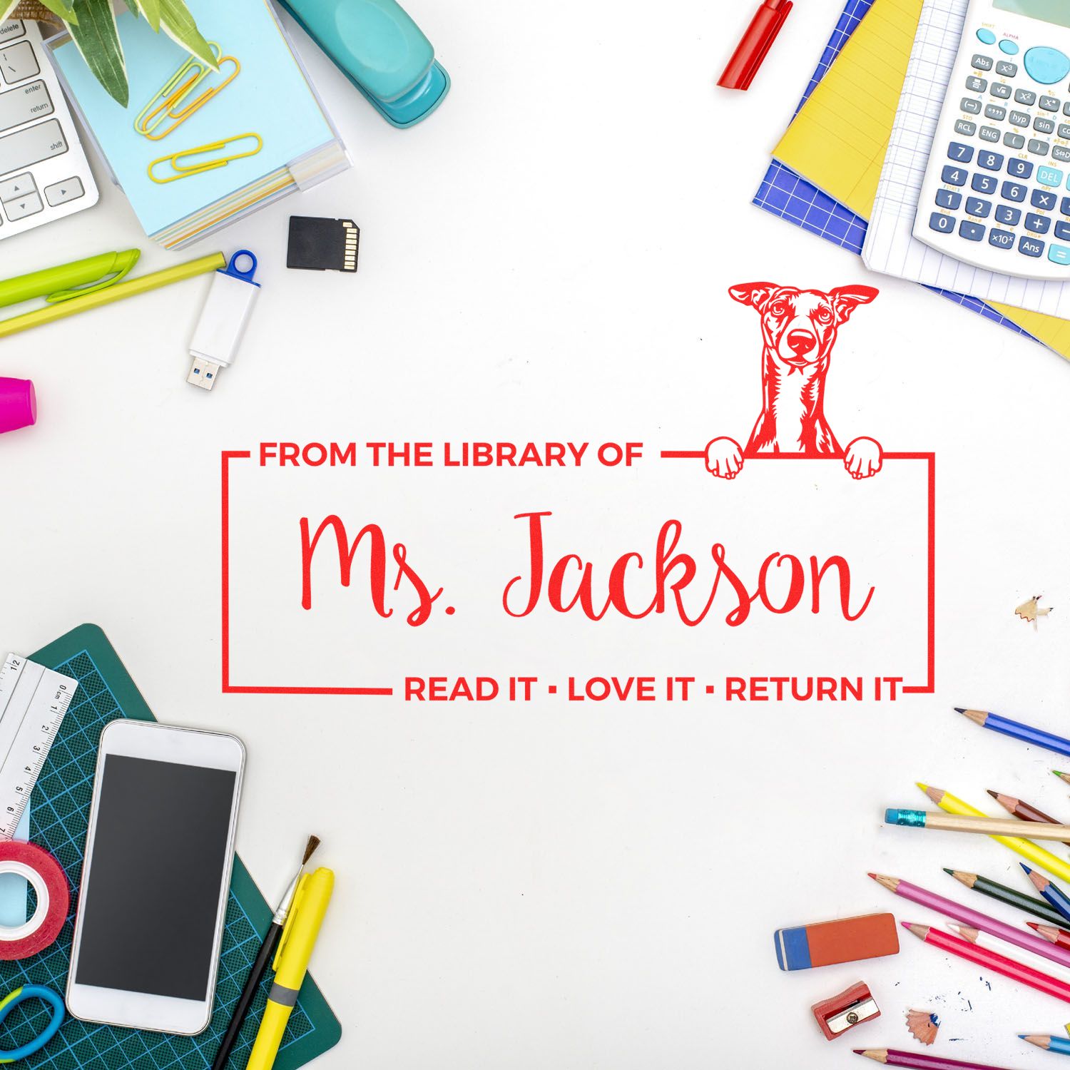 Custom library book rubber stamp for Ms. Jackson with dog design and Read it, Love it, Return it message.
