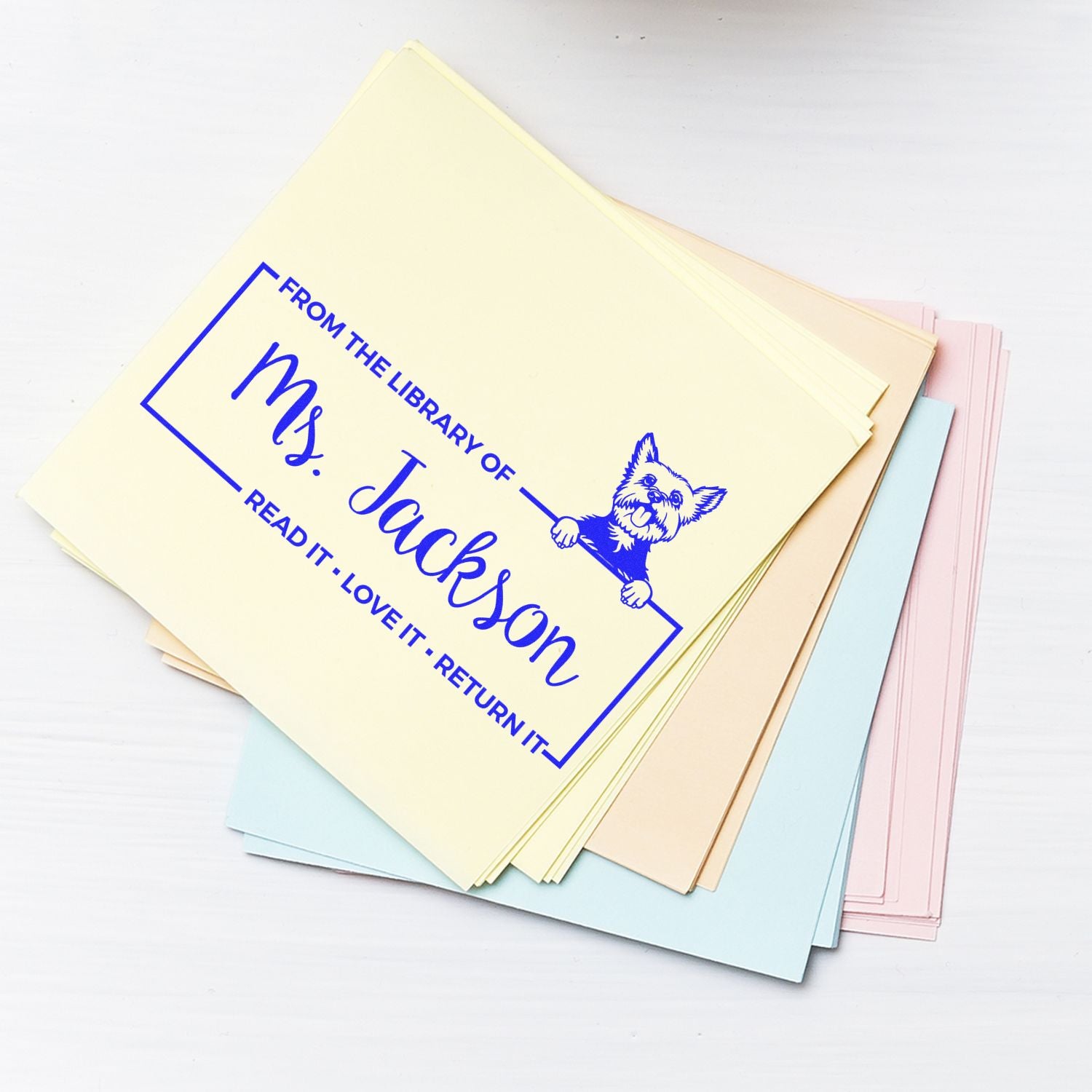 Personalized bookplate rubber stamp for libraries, featuring From the Library of Ms. Jackson for books and classroom returns.