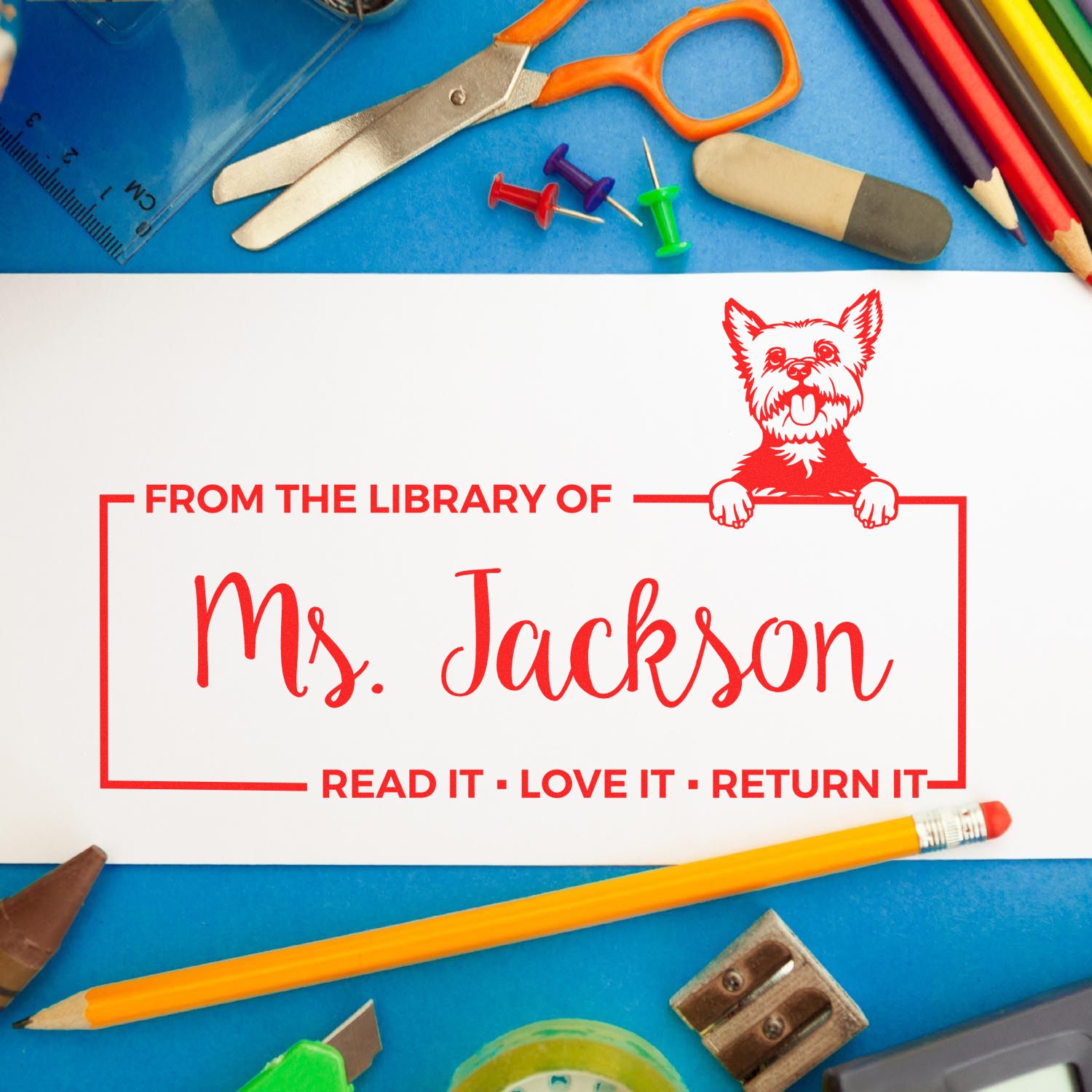 Custom rubber stamp for books: From the Library of Ms. Jackson with dog design, ideal for classroom and library bookplates.