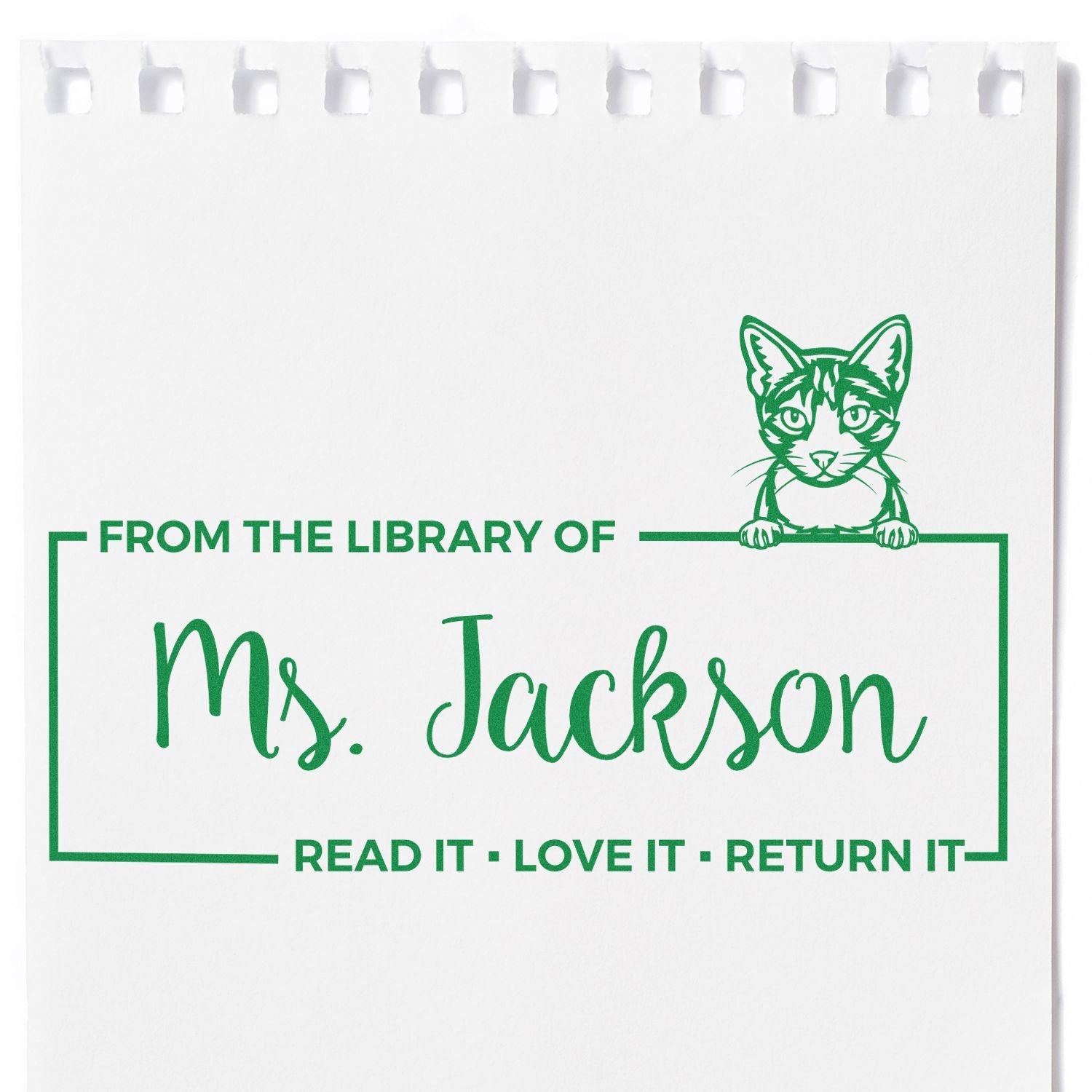 Personalized cat library rubber stamp for Ms. Jackson with Read It, Love It, Return It book return message.