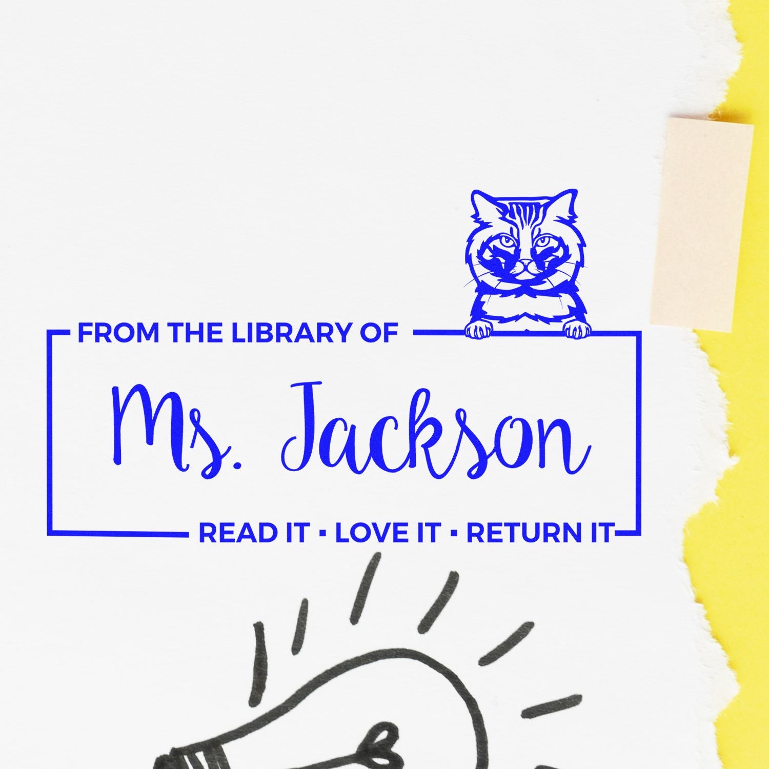 Custom library rubber stamp for Ms. Jackson with cat, Read It Love It Return It personalized bookplate design.