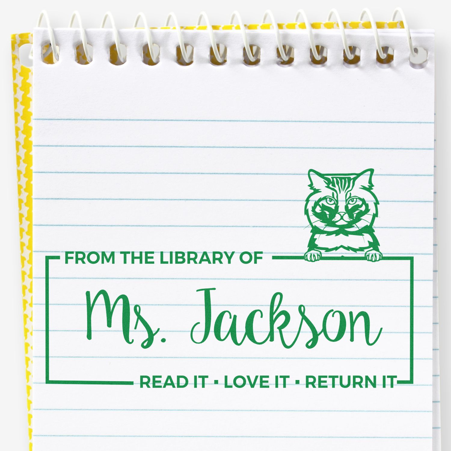 Custom library book rubber stamp for Ms. Jackson with cat design and Read it, Love it, Return it message.