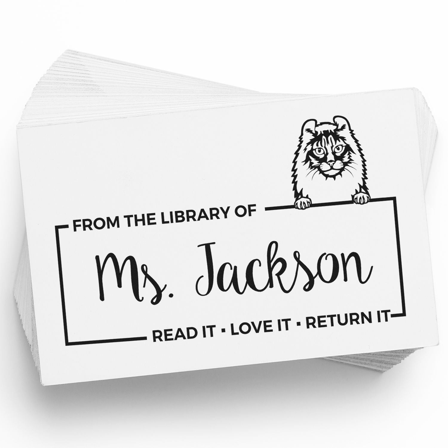 Personalized custom library rubber stamp with cat design and From the Library of Ms. Jackson for books and returns.