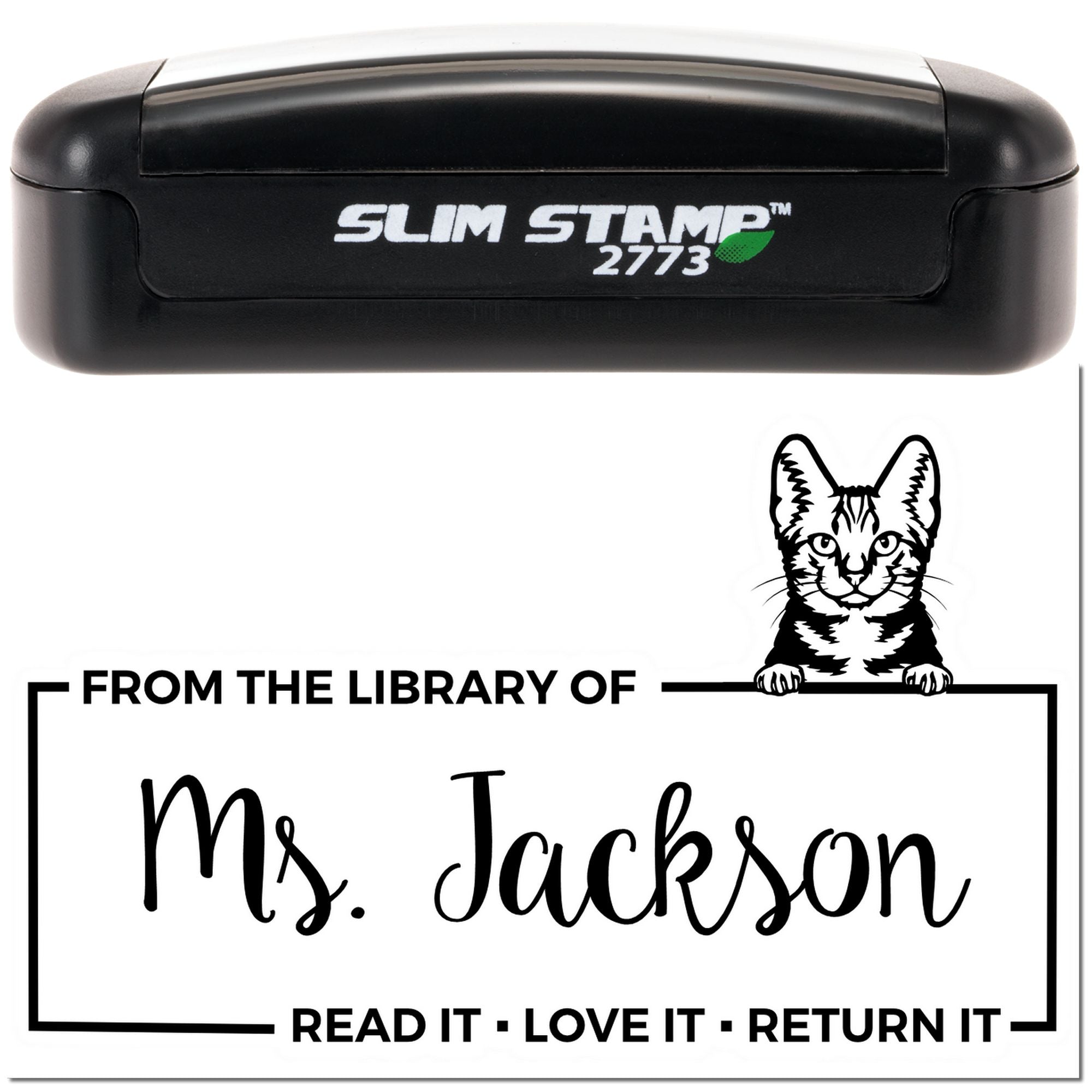 Custom self-inking rubber library stamp with cat design and From the Library of Ms. Jackson return-it message.