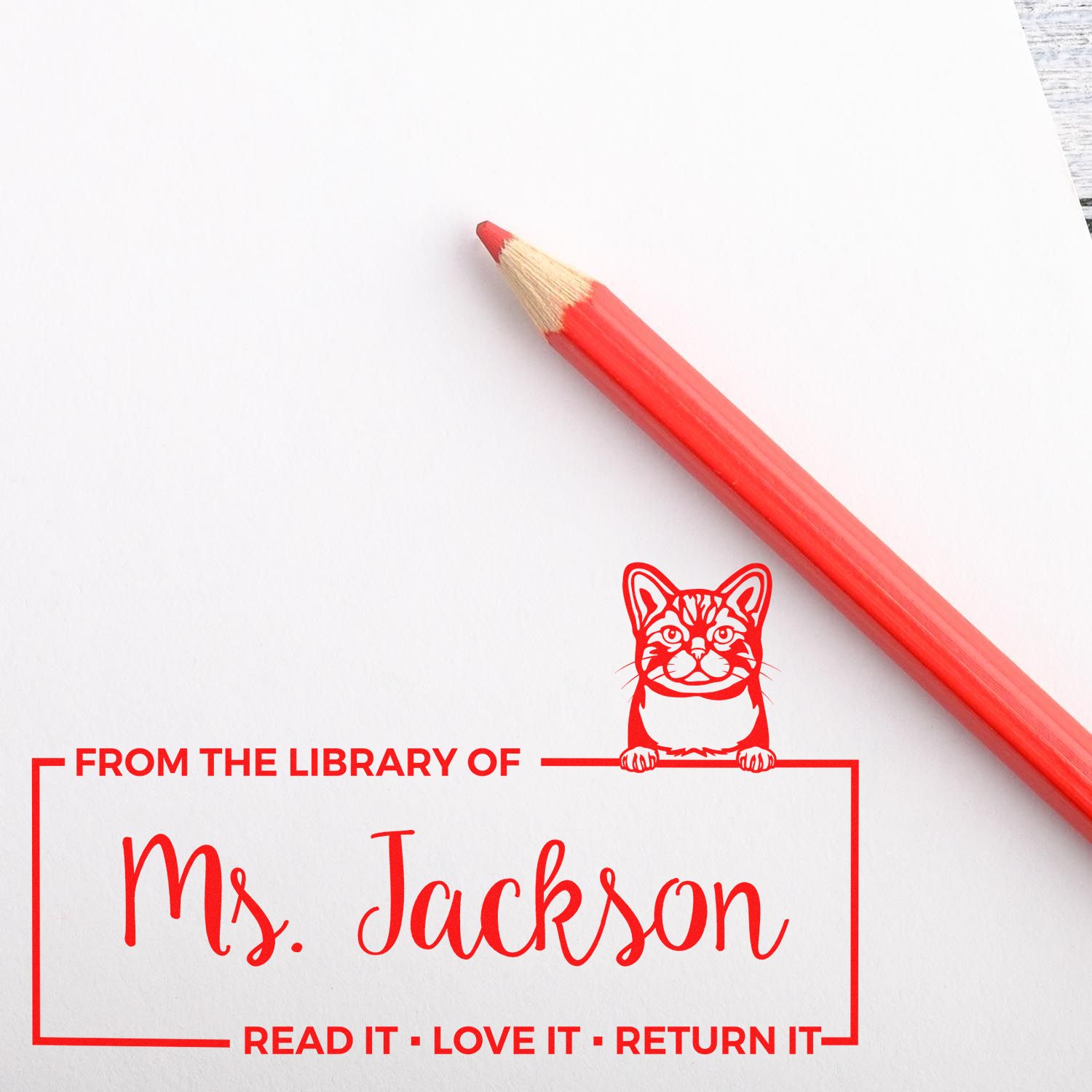 Personalized library rubber stamp with cat design for books, for Ms. Jackson: Read it, love it, return it.