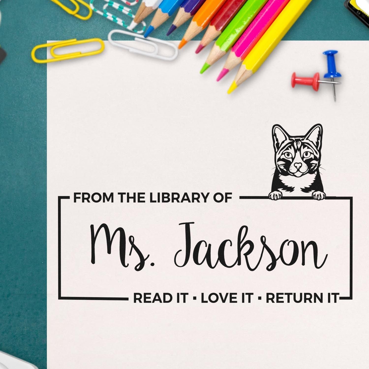 Custom cat library stamp for Ms. Jackson, personalized book return stamp for teachers, classrooms, and book lovers.