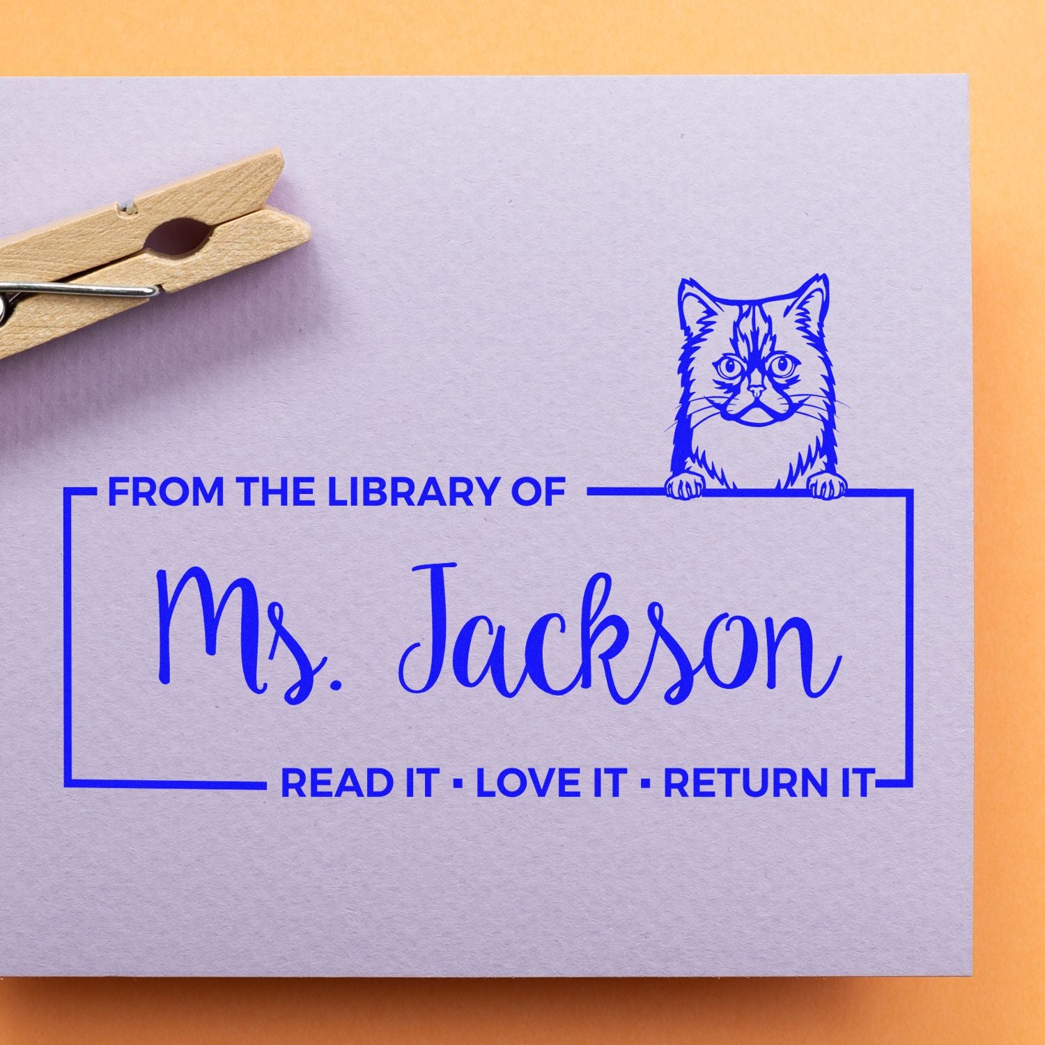 Custom cat library rubber stamp for Ms. Jackson books, with From the Library of and Read it  Love it  Return it.