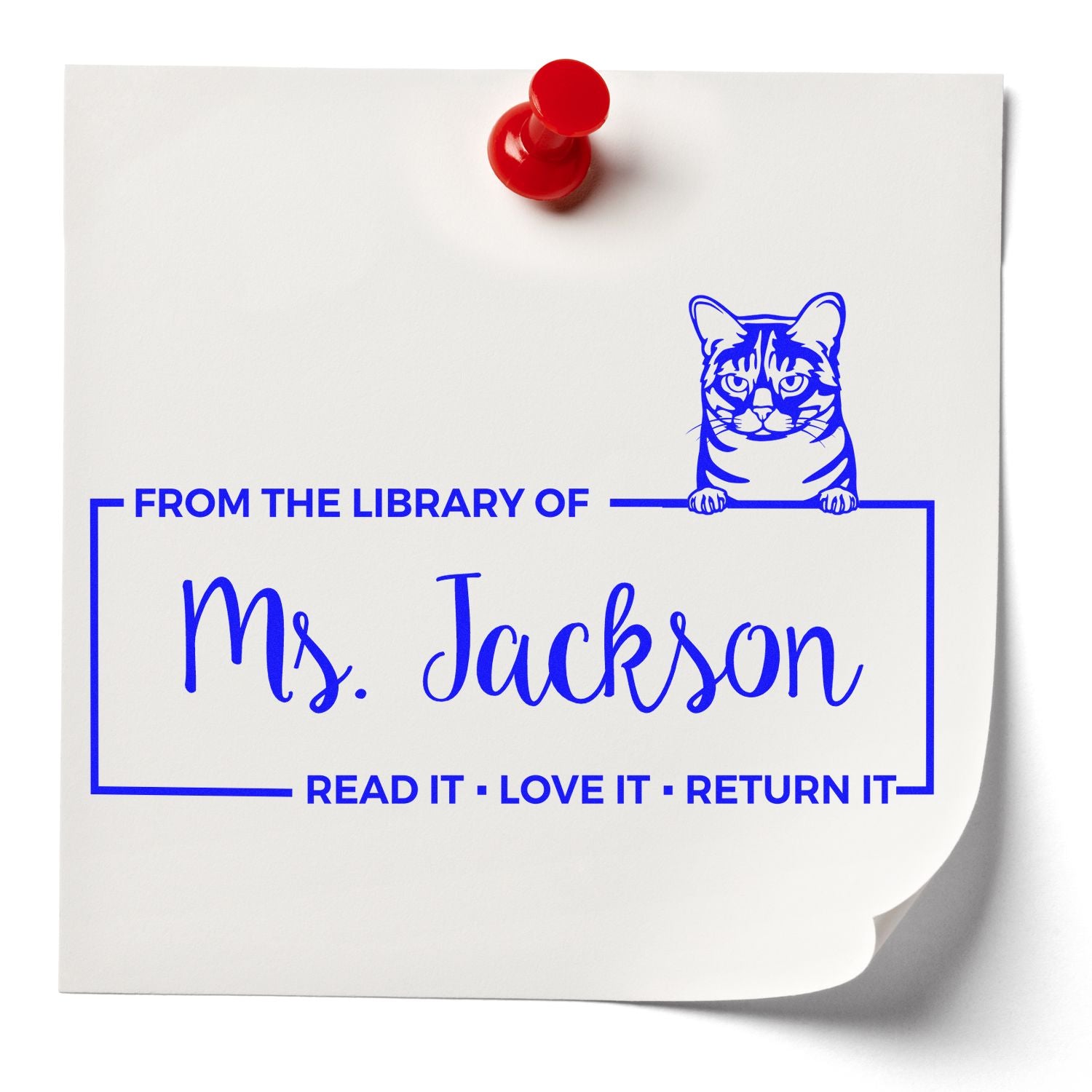 Personalized library rubber stamp with cat design, From the Library of Ms. Jackson and Read It  Love It  Return It text.