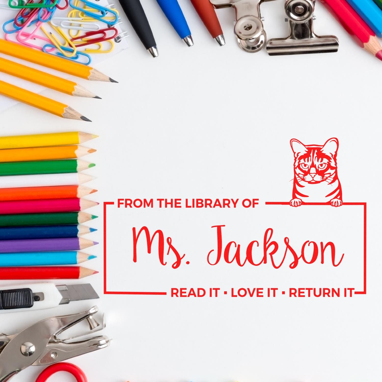 Custom From the Library of Ms. Jackson rubber stamp with cat design for marking books, classroom library loans, and returns.