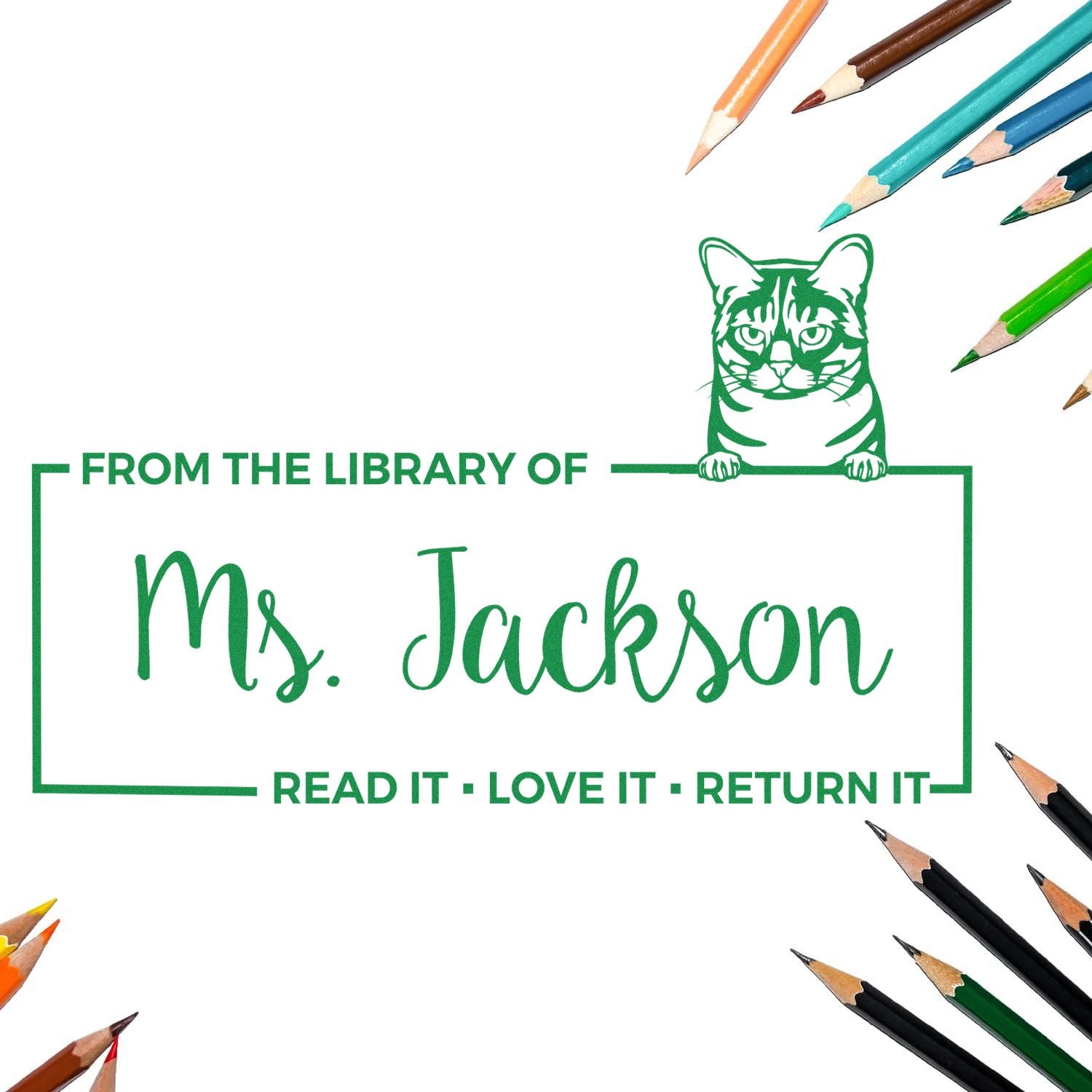 Personalized library rubber stamp with cat design for Ms. Jackson booksRead it, love it, return it bookplate stamp.