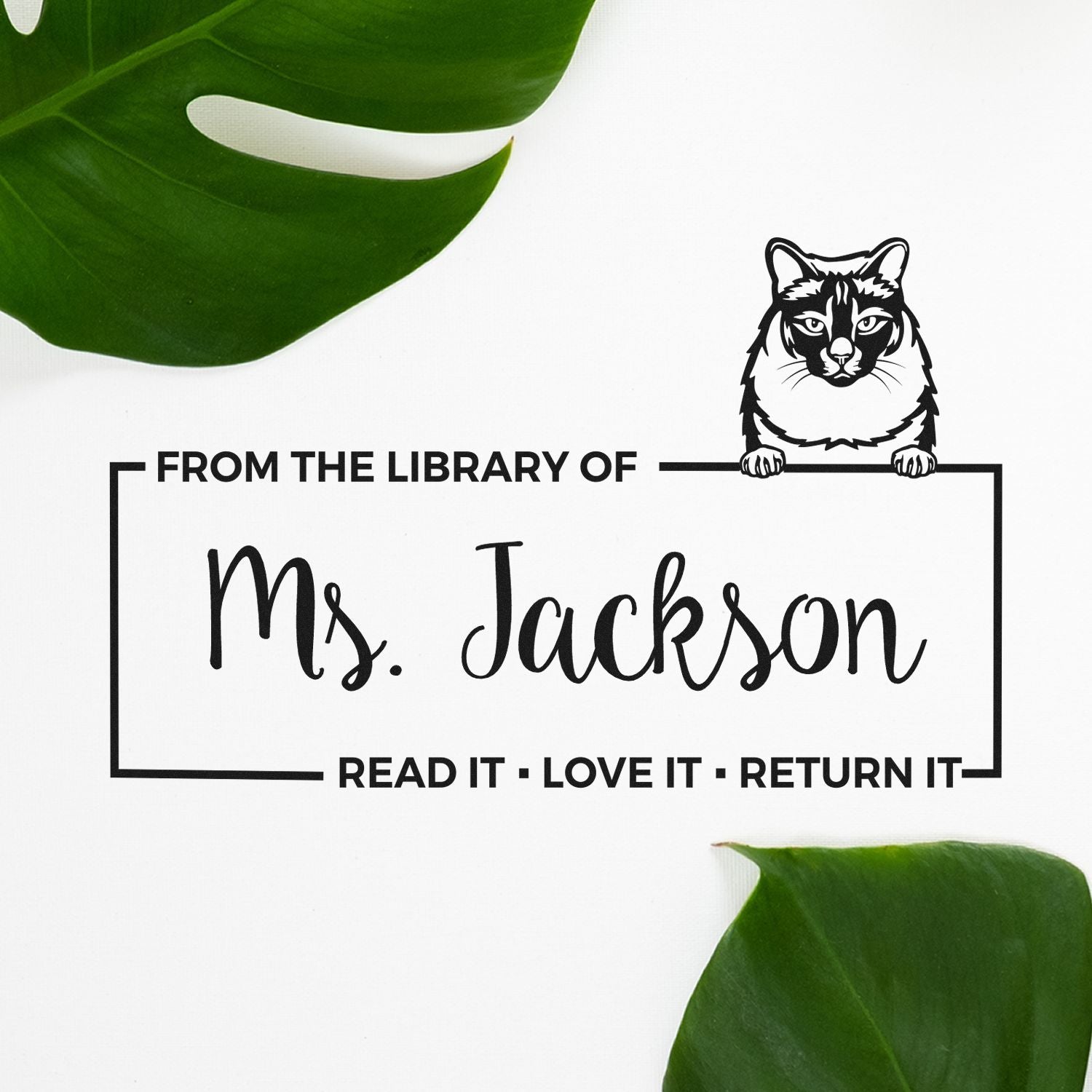 Personalized cat library rubber stamp for Ms. Jackson with From the Library Of and Read It, Love It, Return It text.