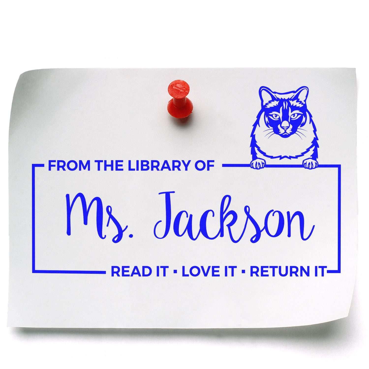Custom cat library rubber stamp with From the Library of Ms. Jackson and Read It, Love It, Return It bookplate text.