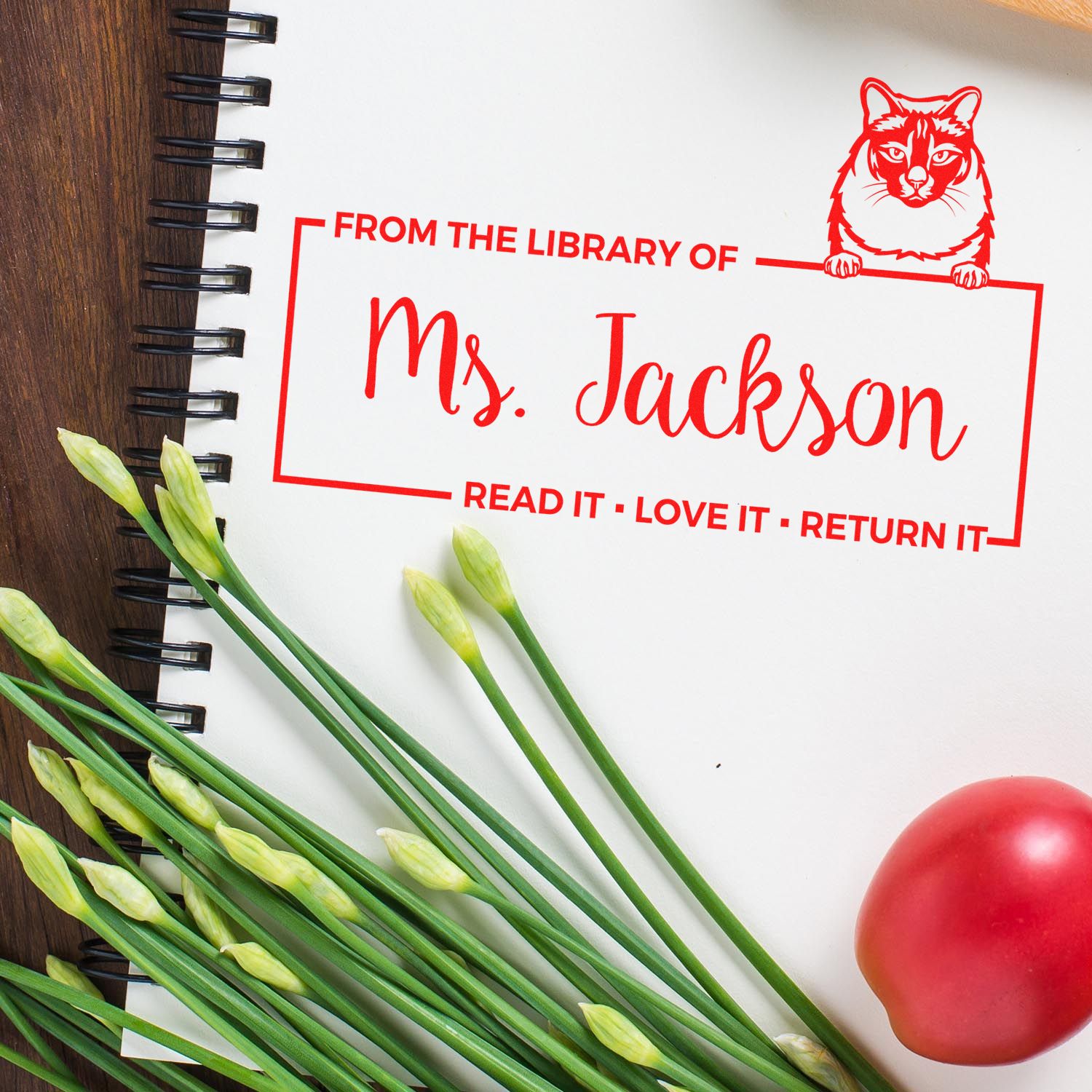 Personalized cat rubber stamp for books, reading From the Library of Ms. Jackson, for custom library ownership labeling.