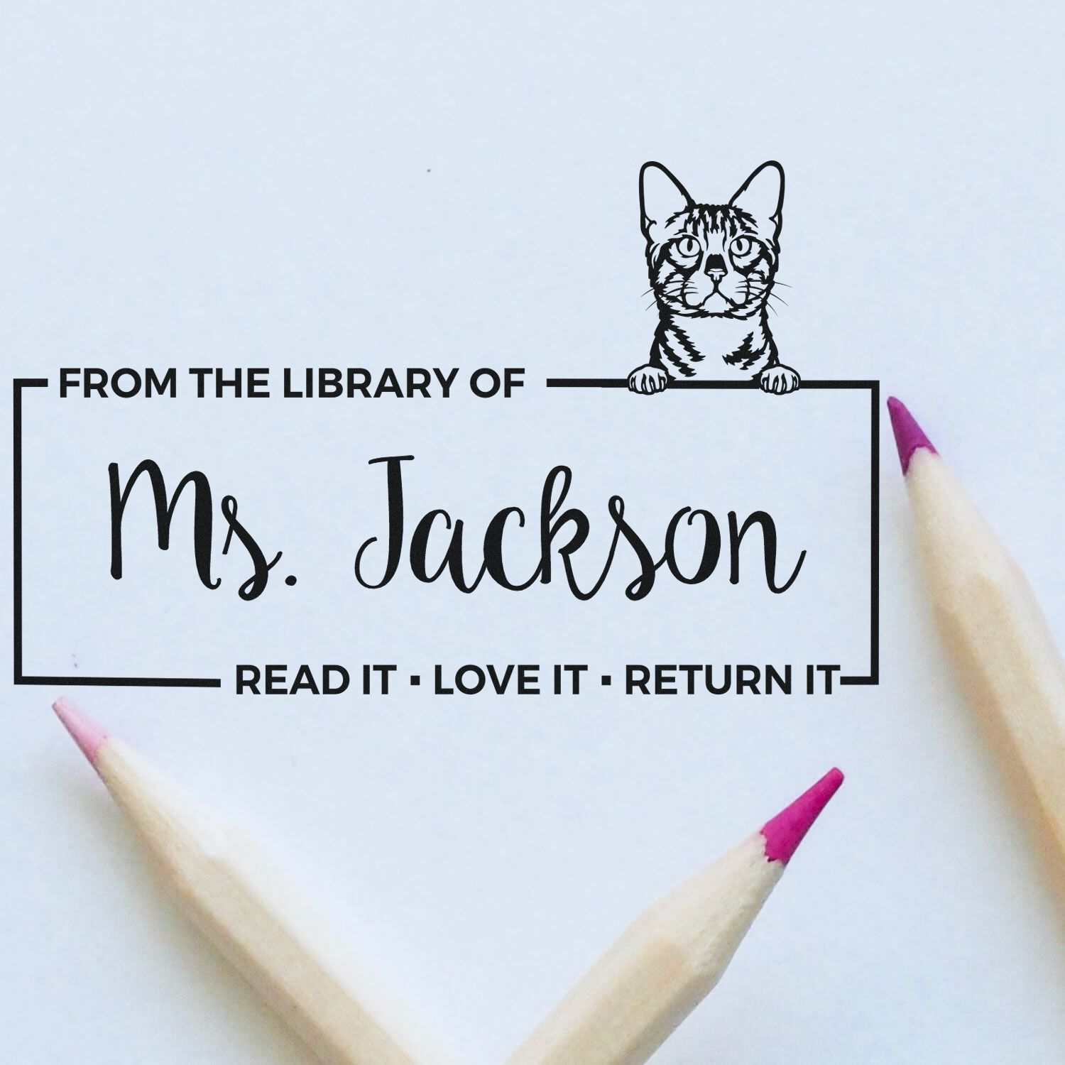 Custom Bengal Cat Lover Book Stamp with Wood Handle