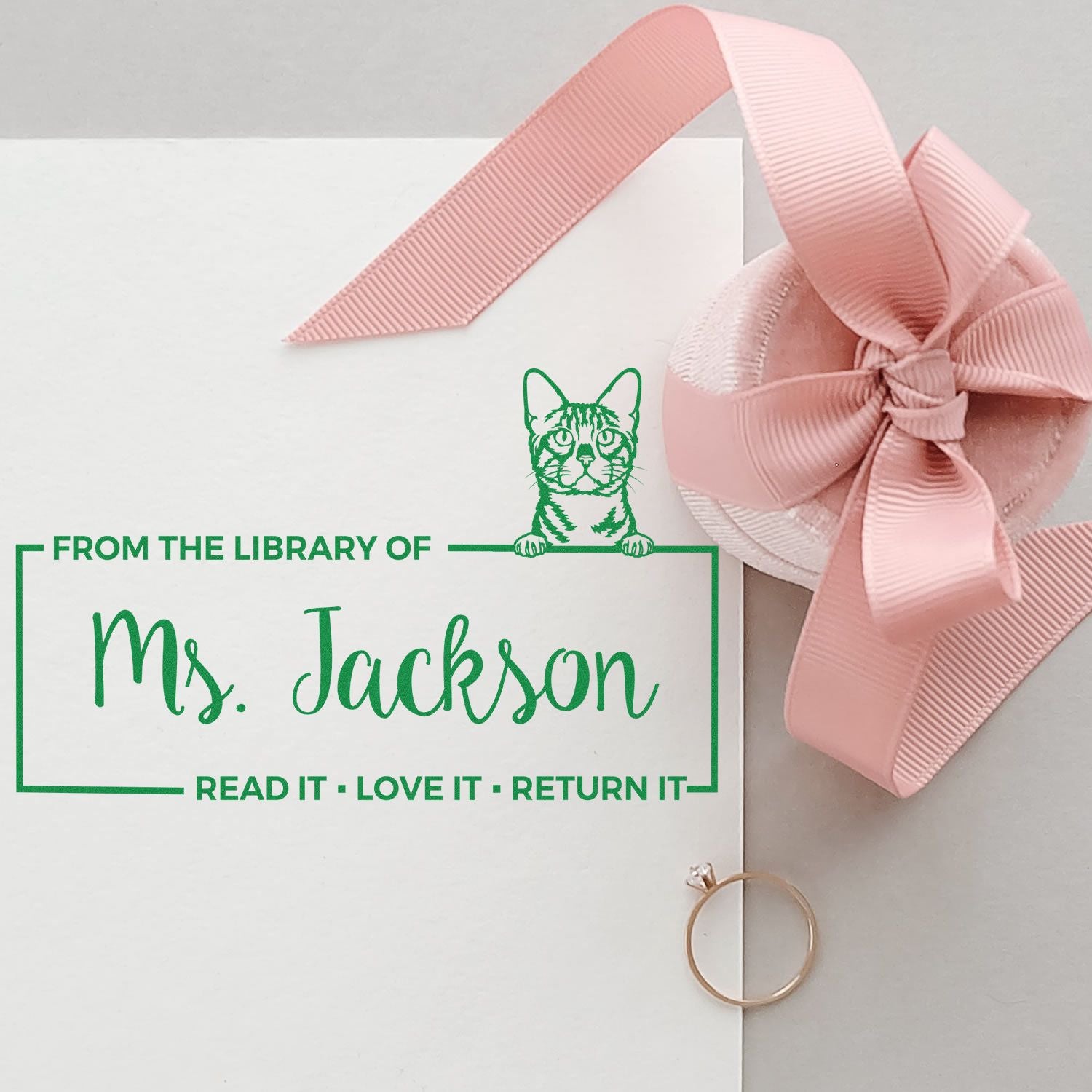 Custom personalized library rubber stamp with cat design, From the Library of Ms. Jackson book return stamp for teachers and readers.