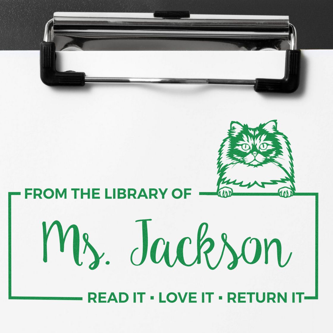 Personalized library book rubber stamp with cat design and custom name, Read it, love it, return it.