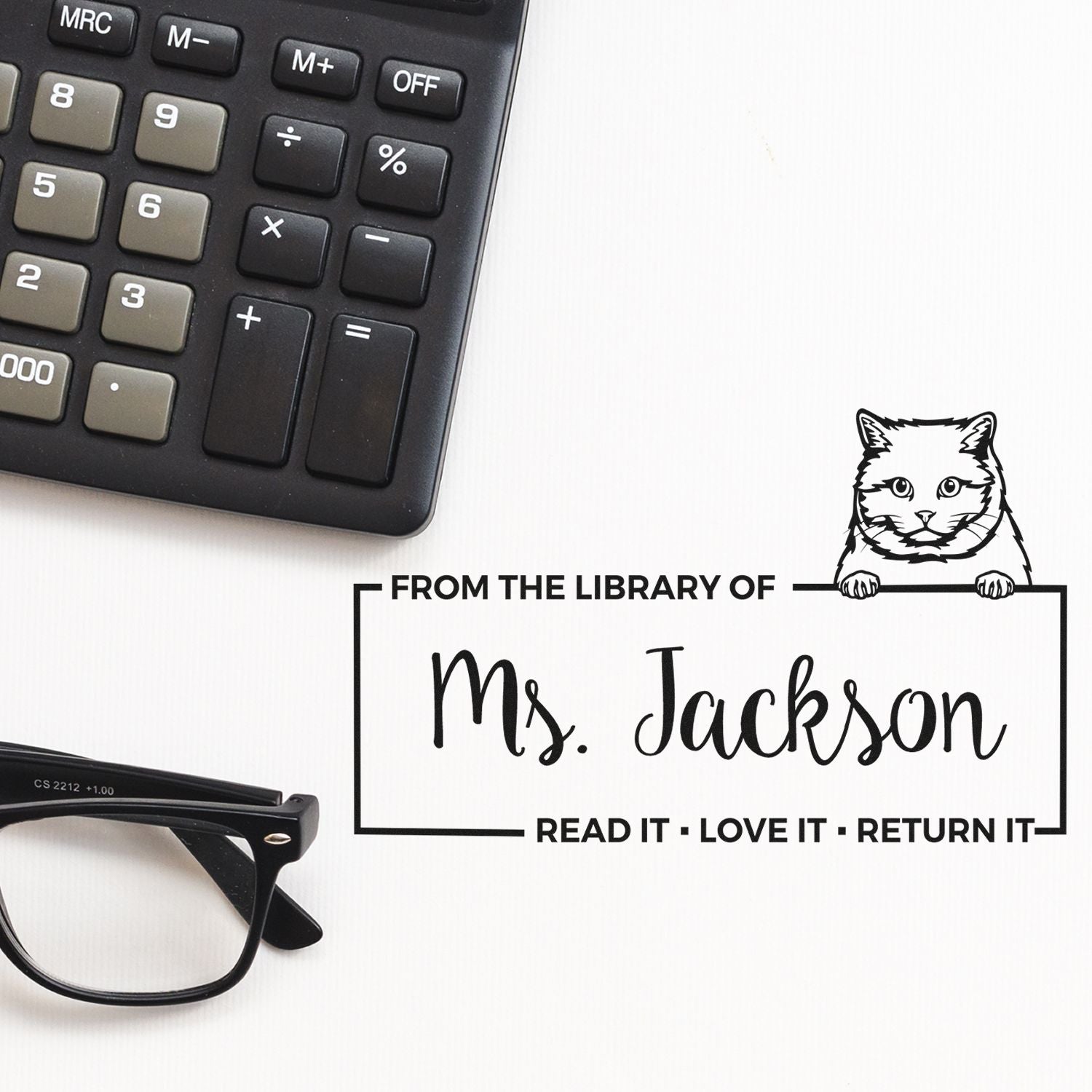 Custom cat library rubber stamp for Ms. Jackson, with Read It, Love It, Return It personalized bookplate design.