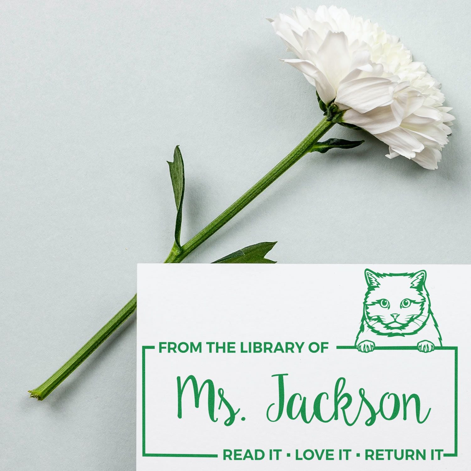 Personalized cat library rubber stamp for Mrs. Jackson, with From the Library of and Read it, love it, return it.