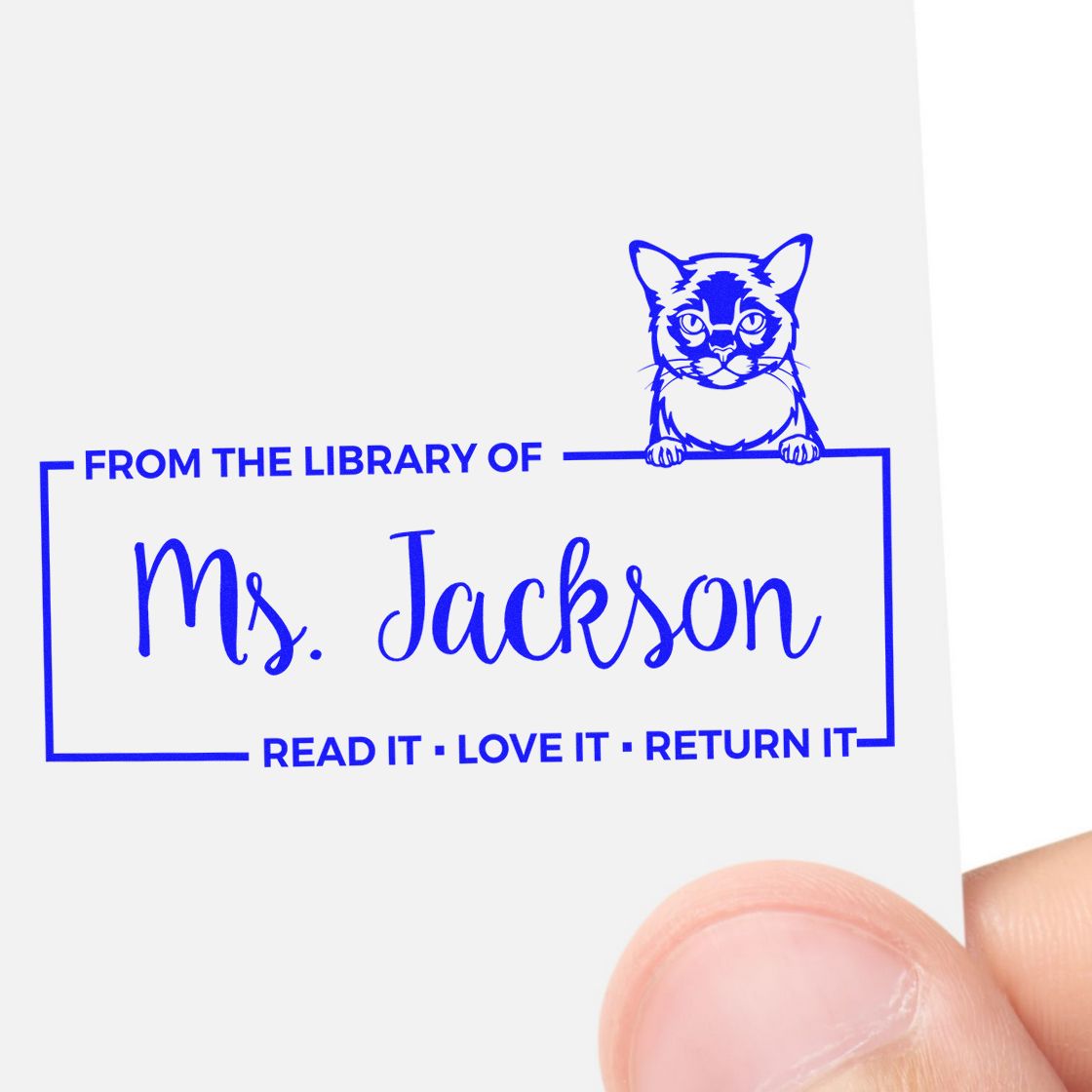 Personalized cat library rubber stamp for Ms. Jackson with Read it, Love it, Return it book return message.