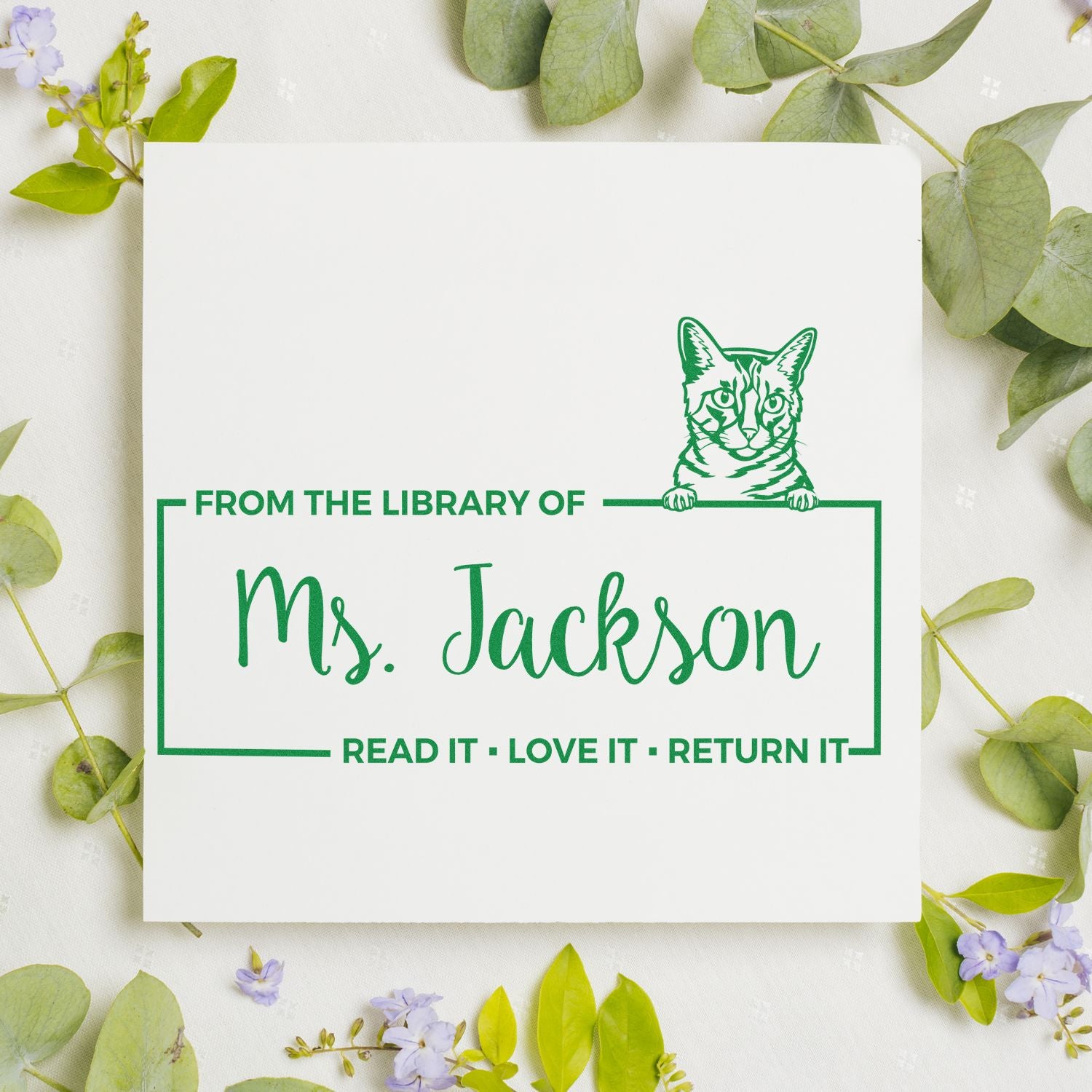 Personalized library rubber stamp with cat bookplate, reading From the Library of Ms. Jackson for custom book marking.