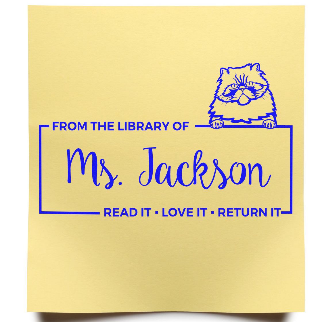 Personalized library rubber stamp for Ms. Jackson with cat, Read it, love it, return it book label.