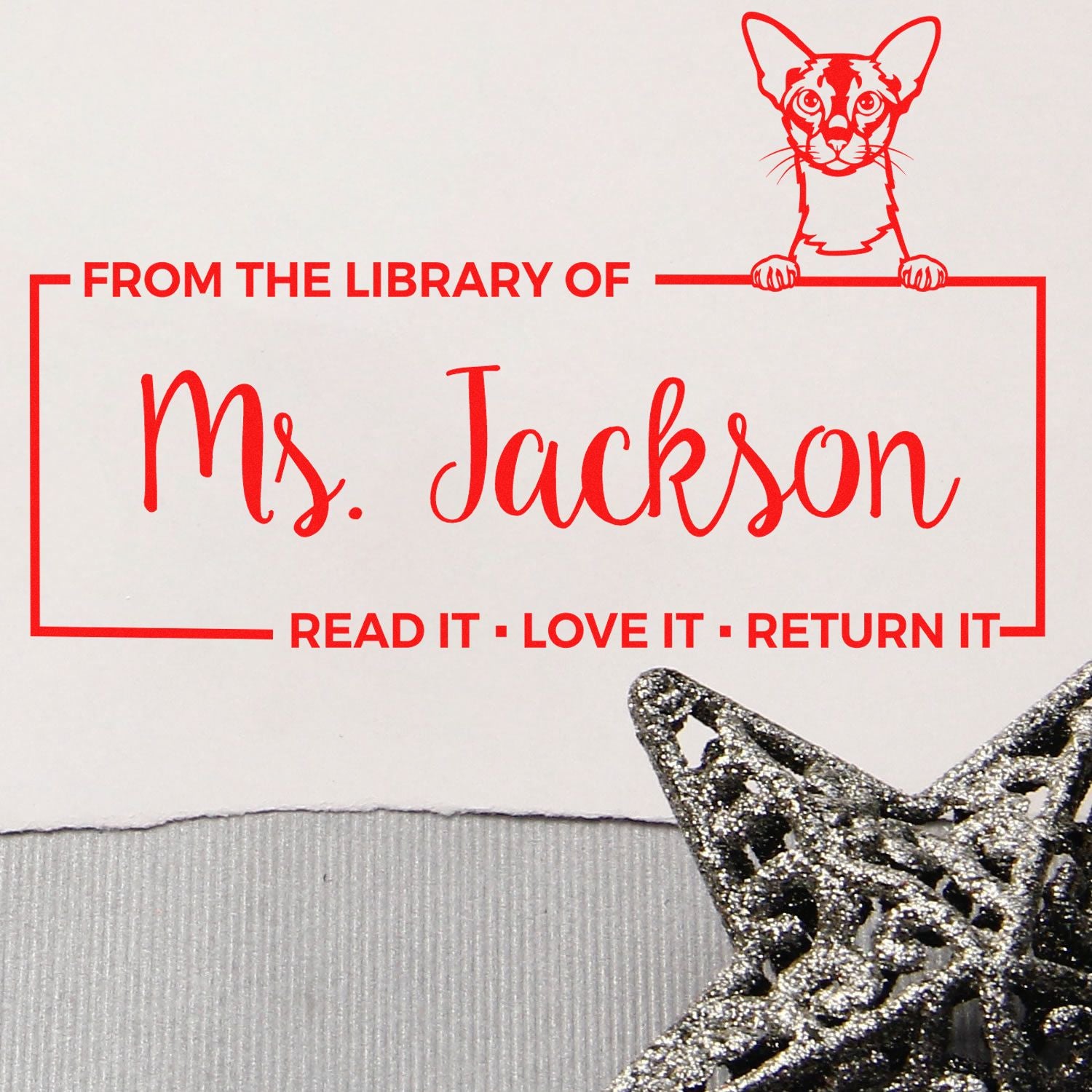 Custom red library book rubber stamp for Ms. Jackson with cat graphic and From the Library of text.