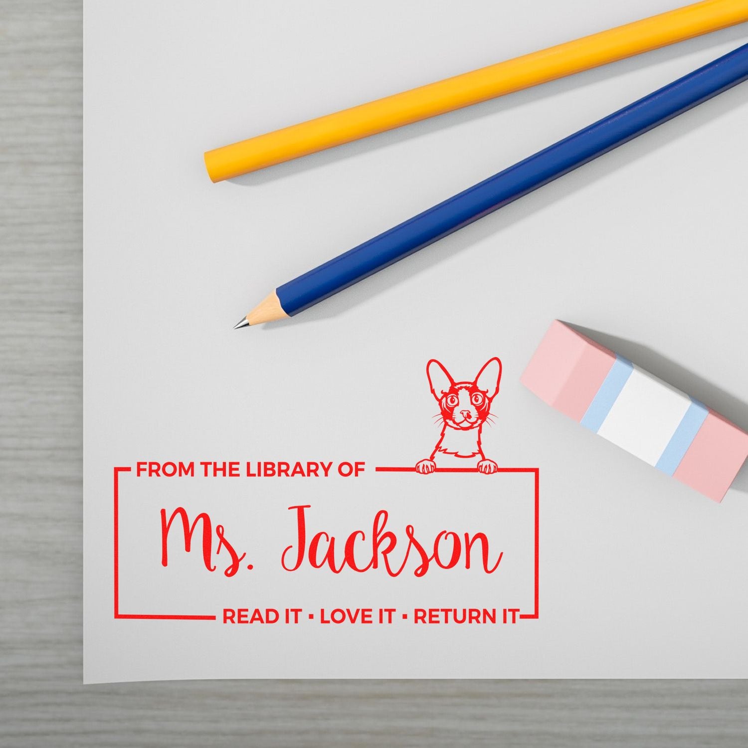 Custom library rubber stamp for Ms. Jackson with cat design and Read it, love it, return it book return message