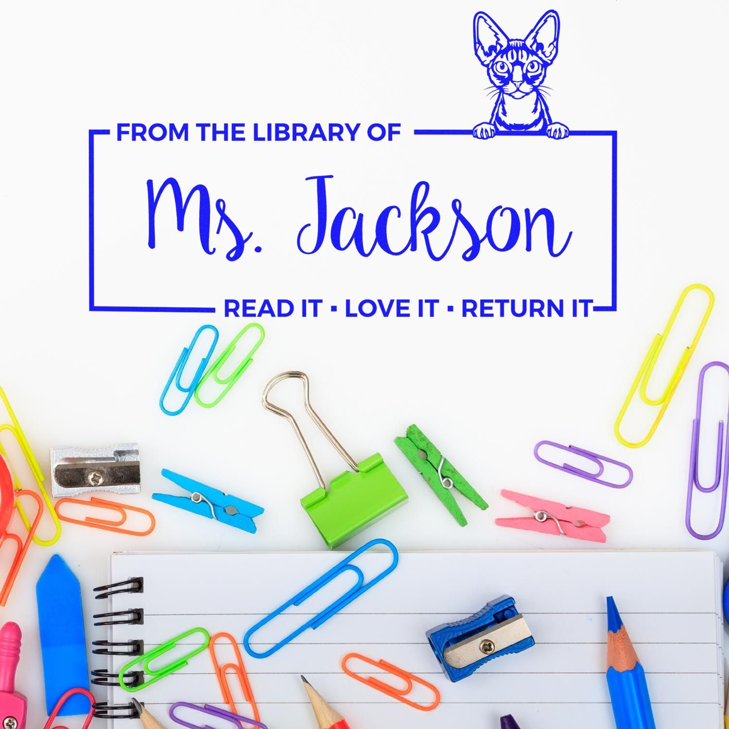 Custom library book stamp for Ms. Jackson with cat illustration and Read it, love it, return it personalized return label.