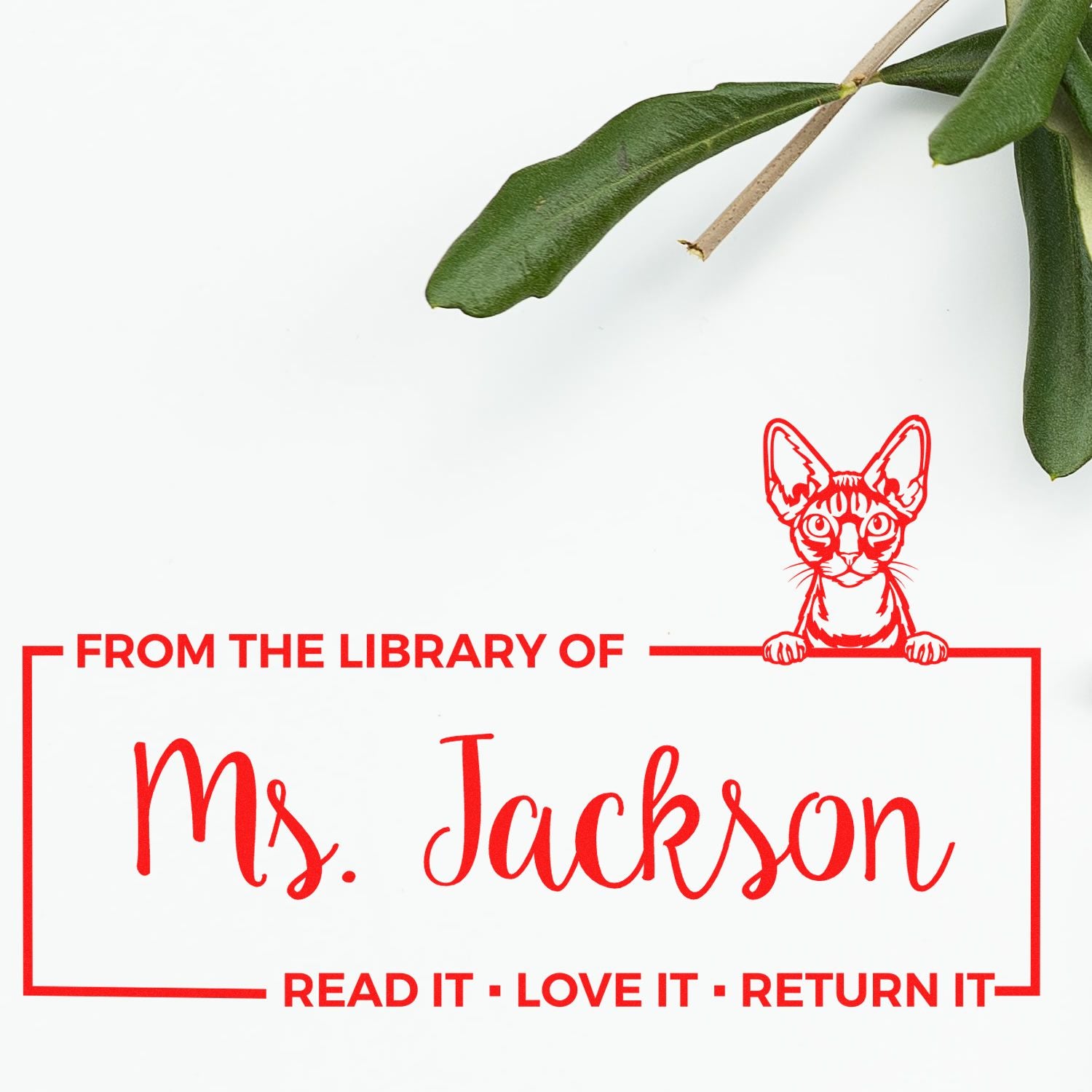 Custom rubber library stamp for Ms. Jackson with cat design and Read it, Love it, Return it book return message.
