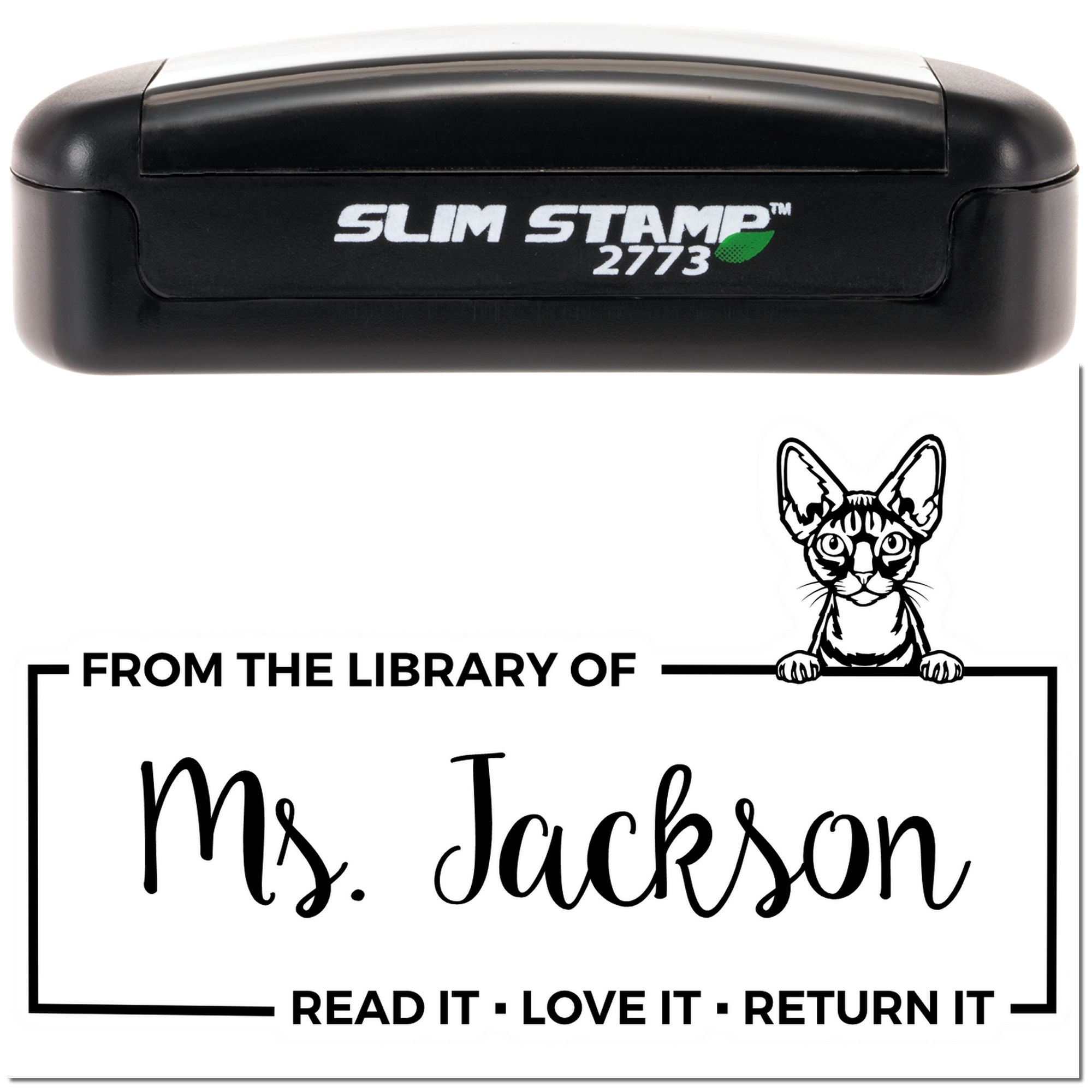 Personalized self-inking rubber library stamp with cat art and From the Library of Ms. Jackson return-it message.