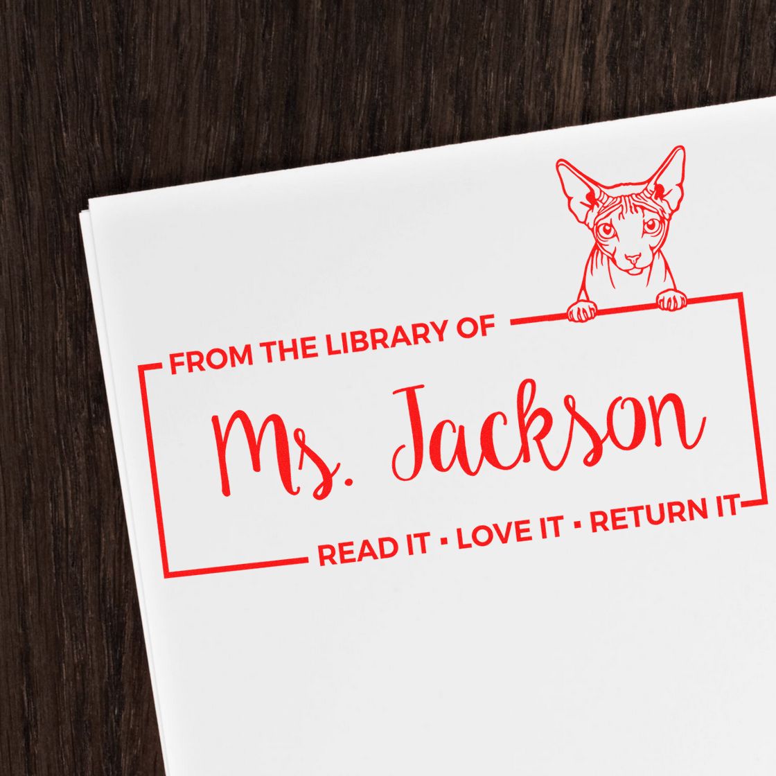 Personalized library rubber stamp for books, reading From the Library of Ms. Jackson with cat design and Read it, love it, return it.