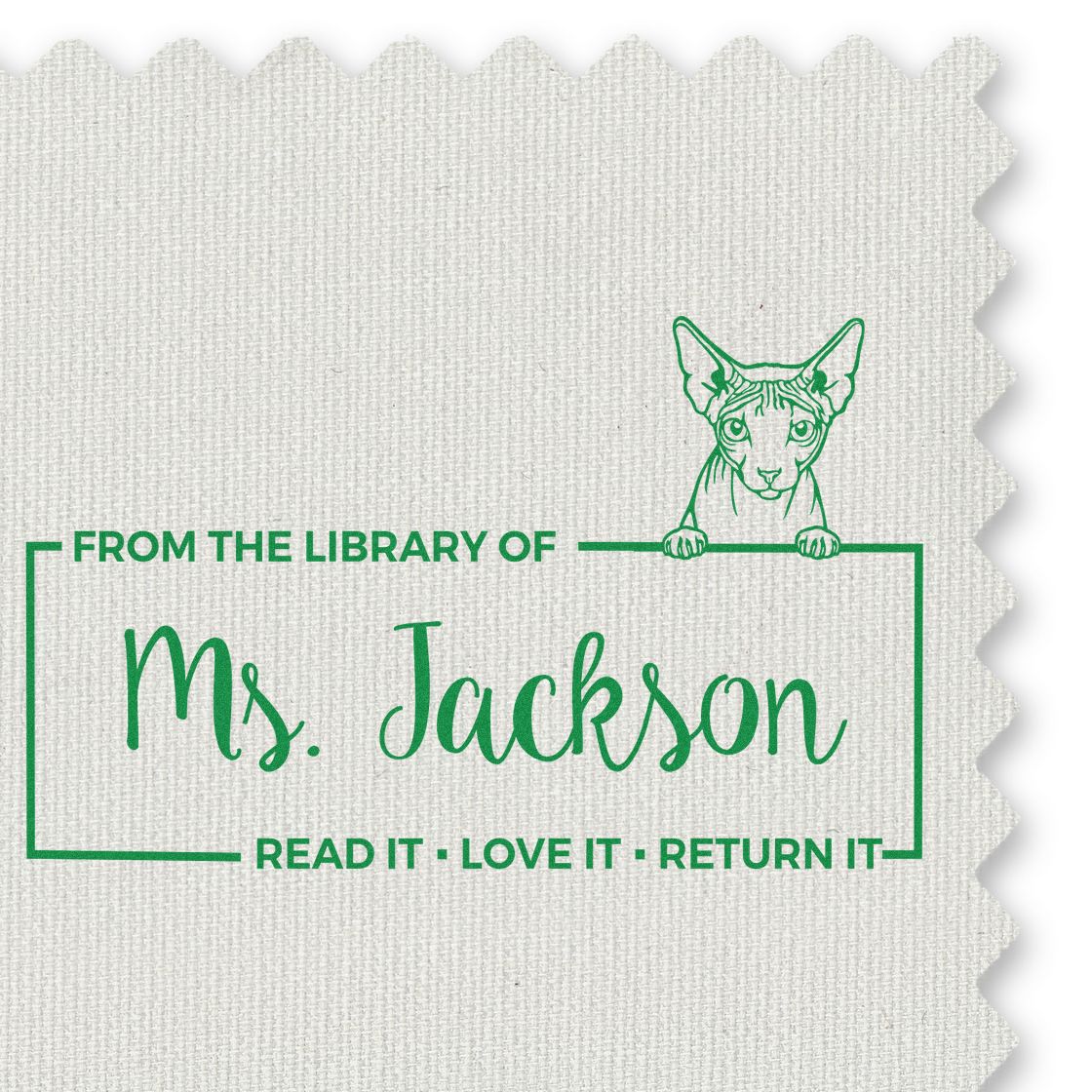 Custom rubber library stamp with cat design and From the Library of Ms. Jackson for marking books.