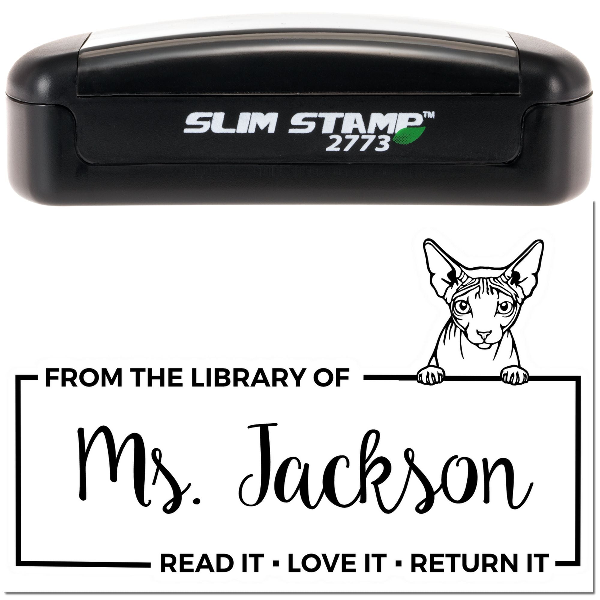 Slim Stamp 2773 self-inking library rubber stamp with From the Library of Ms. Jackson and cat design, read it, love it, return it.