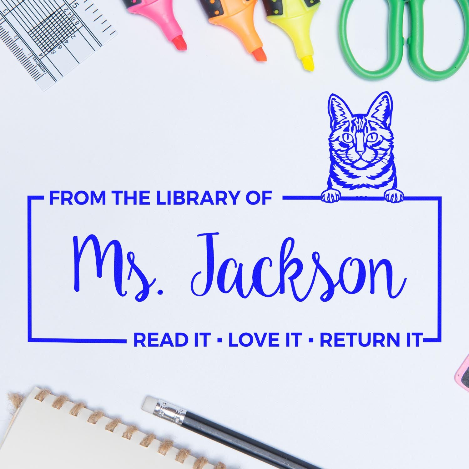 Custom library book stamp with cat design and Ms. Jackson text, featuring Read it, love it, return it message.